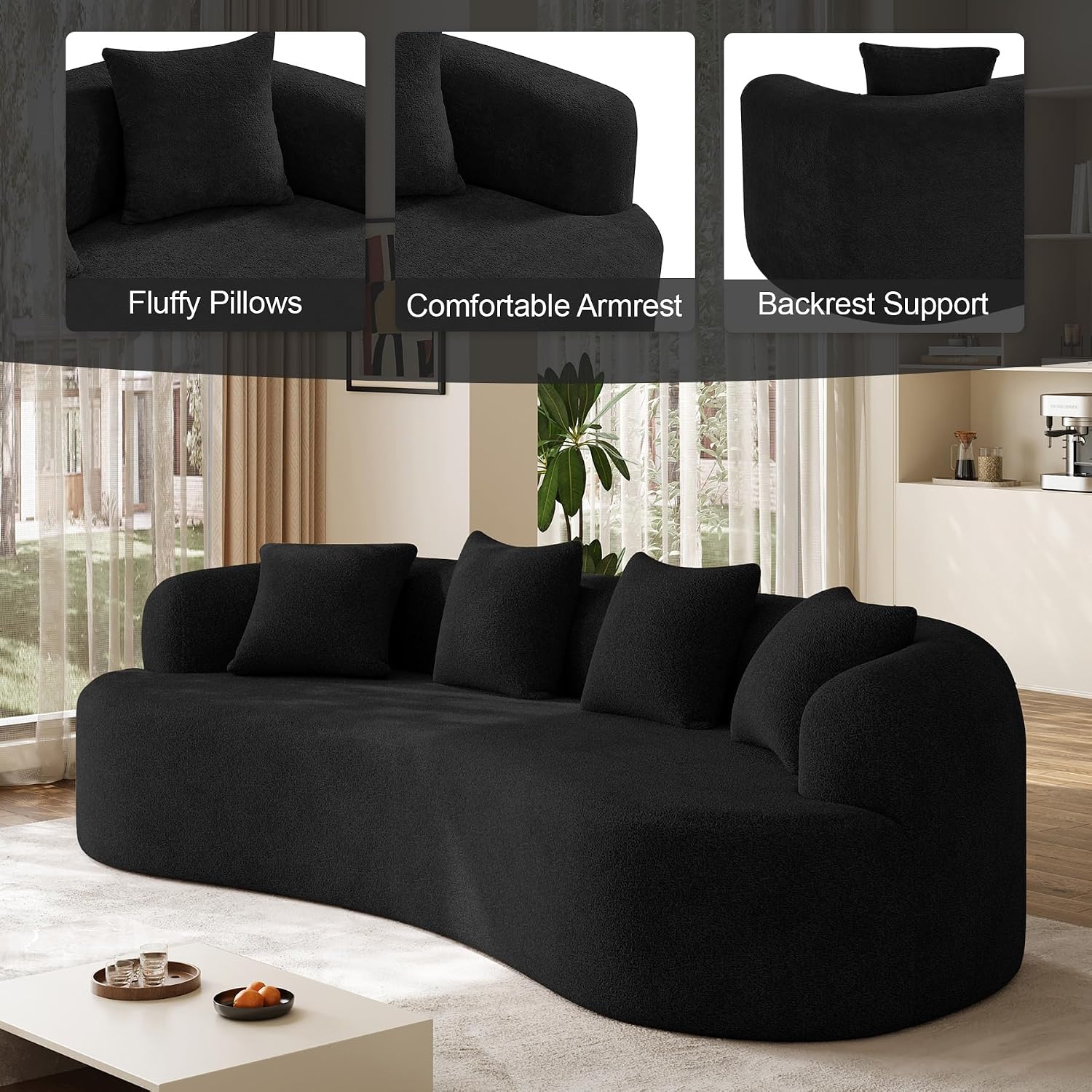 Oversized Sectional Sofa for Living Room, Modern Luxury Plush Chenille 4-Seater Extra Deep & Wide Seat Curved Cloud Couch with 4 Throw Pillows, No Assembly Needed, Black