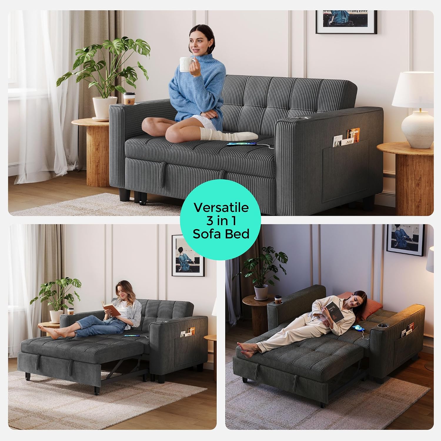 LINSY 54' Pull Out Couch with Charging Station - Sleeper Sofa Bed with Cup Holder, Small 3 in 1 Convertible Loveseat Sleeper Couch for Apartment, Dorm Room, Bedroom and Small Space, Dark Gray