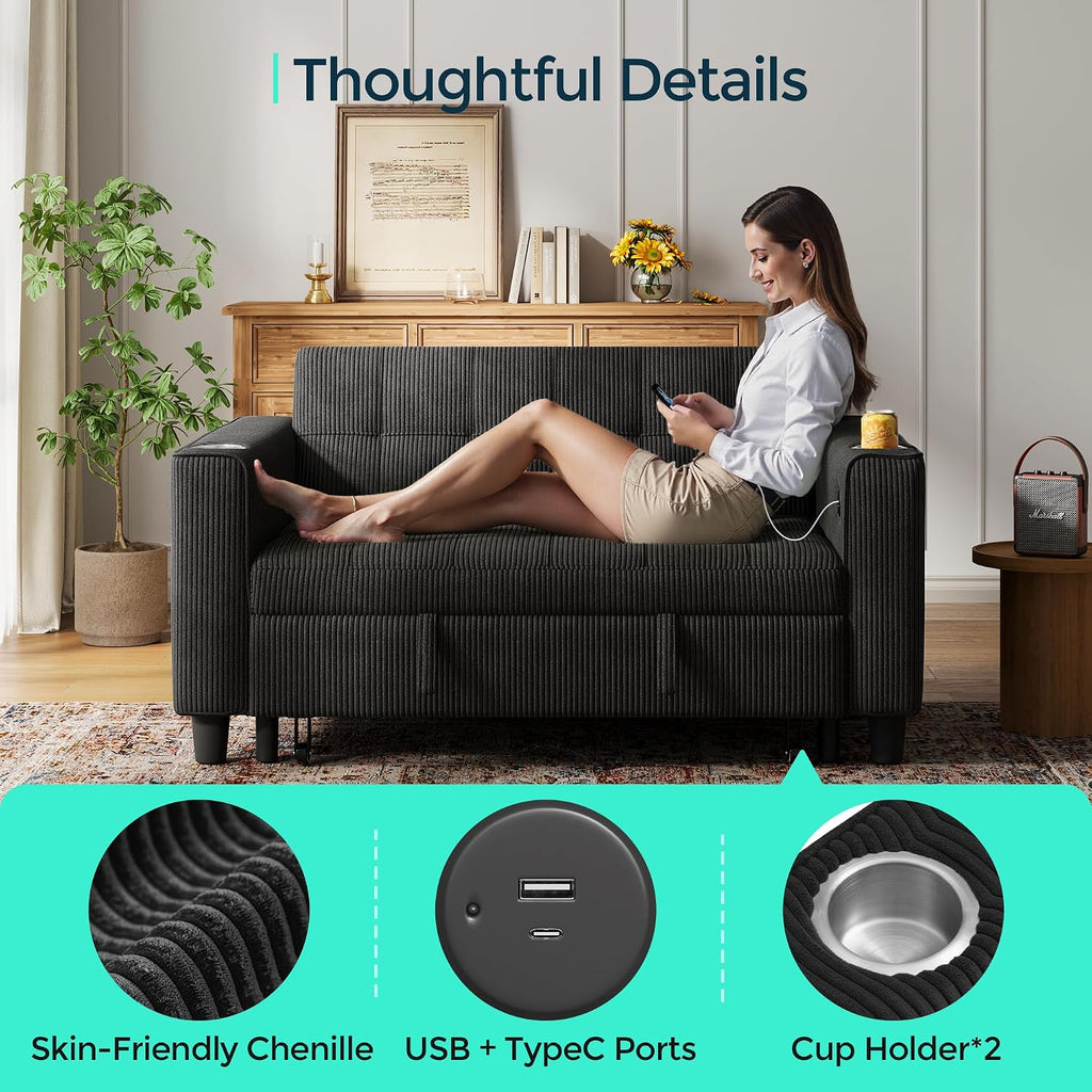LINSY Sleeper Sofa Bed, 54' Pull Out Couch with Charging Station & Cup Holder, Small 3 in 1 Convertible Loveseat Sleeper Couch for Apartment, Dorm Room, Bedroom and Small Space, Corduroy Black