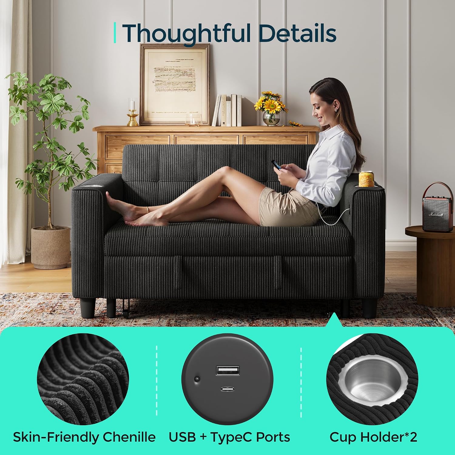 LINSY Sleeper Sofa Bed, 54' Pull Out Couch with Charging Station & Cup Holder, Small 3 in 1 Convertible Loveseat Sleeper Couch for Apartment, Dorm Room, Bedroom and Small Space, Corduroy Black
