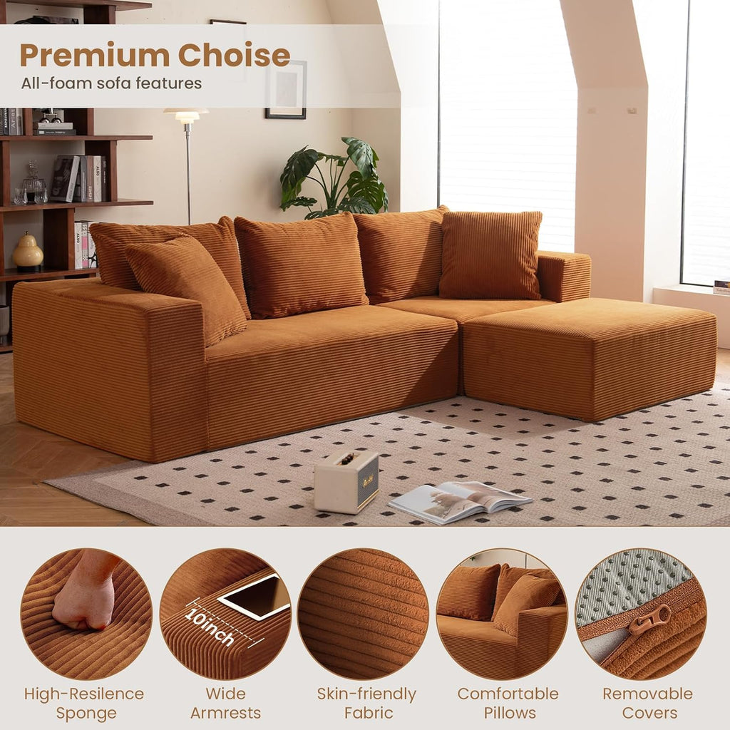 108' L-Shaped Boneless Couch, Modular Sectional Sofa with Moveable Ottoman, Corduroy Cloud Couches for Living Room, No Assembly, Ship in a Box, Burnt Orange