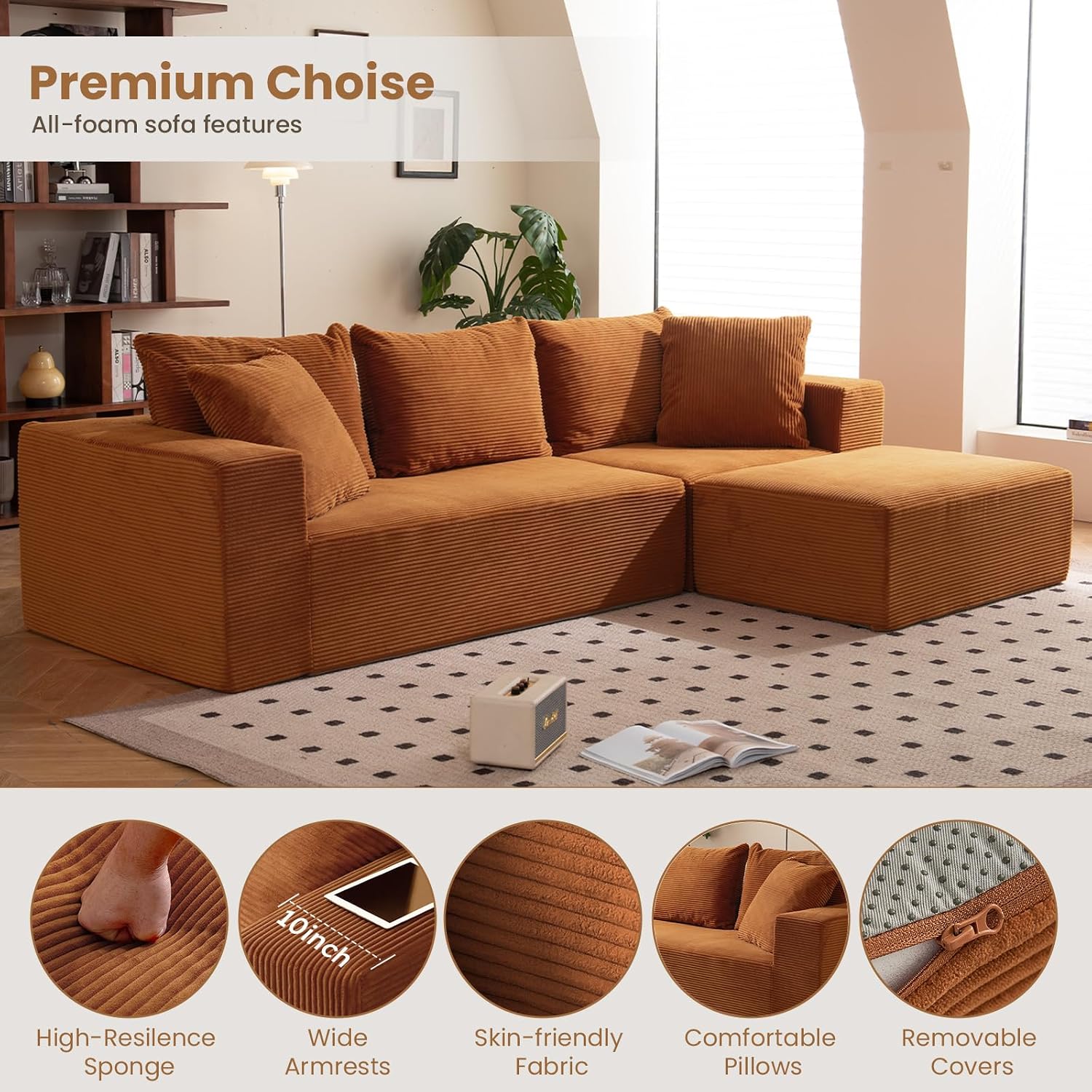 108' L-Shaped Boneless Couch, Modular Sectional Sofa with Moveable Ottoman, Corduroy Cloud Couches for Living Room, No Assembly, Ship in a Box, Burnt Orange