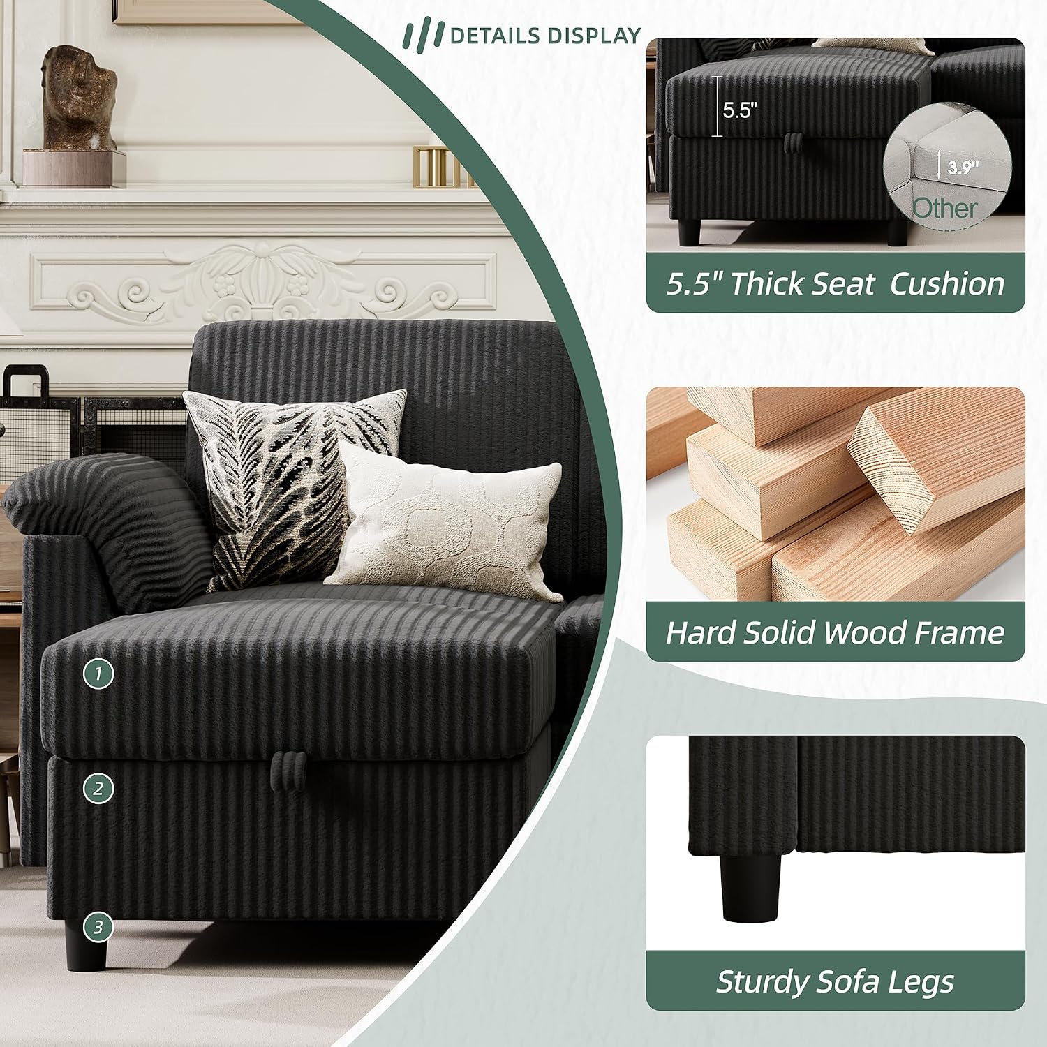 Vongrasig 79' Convertible Sectional Couch Sofa with Storage Ottoman, 3 Seat L Shaped Couch with Side Storage Pockage, Small Couches for Living Room, Apartment and Small Space, Black