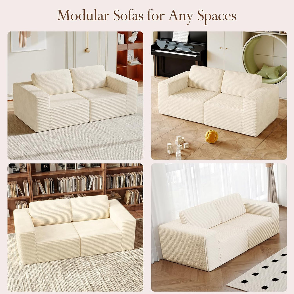 Vesgantti 80' Modular Sectional Sofa, Corduroy Cloud Couch with Deep Seating & Spring Support, 2 Seater Compact Modular Couch, Boneless Sectional Sofa for Small Spaces, No Assembly Required, Beige