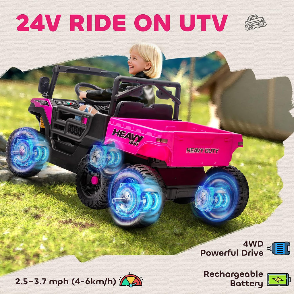 Qaba 24V Kids Ride On Car with 6 Wheels, 4WD Electric Ride On Dump Truck with Remote Control, Wheel Suspension, Off-Road UTV with LED Lights, Horn and Music for Kids 3-6 Years Old, Pink