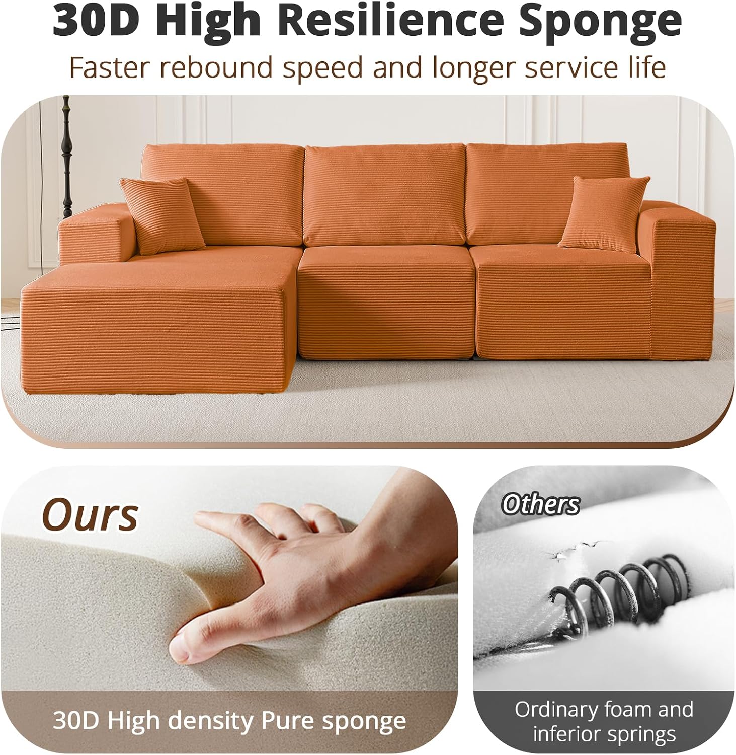 108' L-Shaped Boneless Couch, High Seat Modular Sectional Sofa with Moveable Ottoman, Corduroy Cloud Couches for Living Room, No Assembly, Ship in a Box, Orange