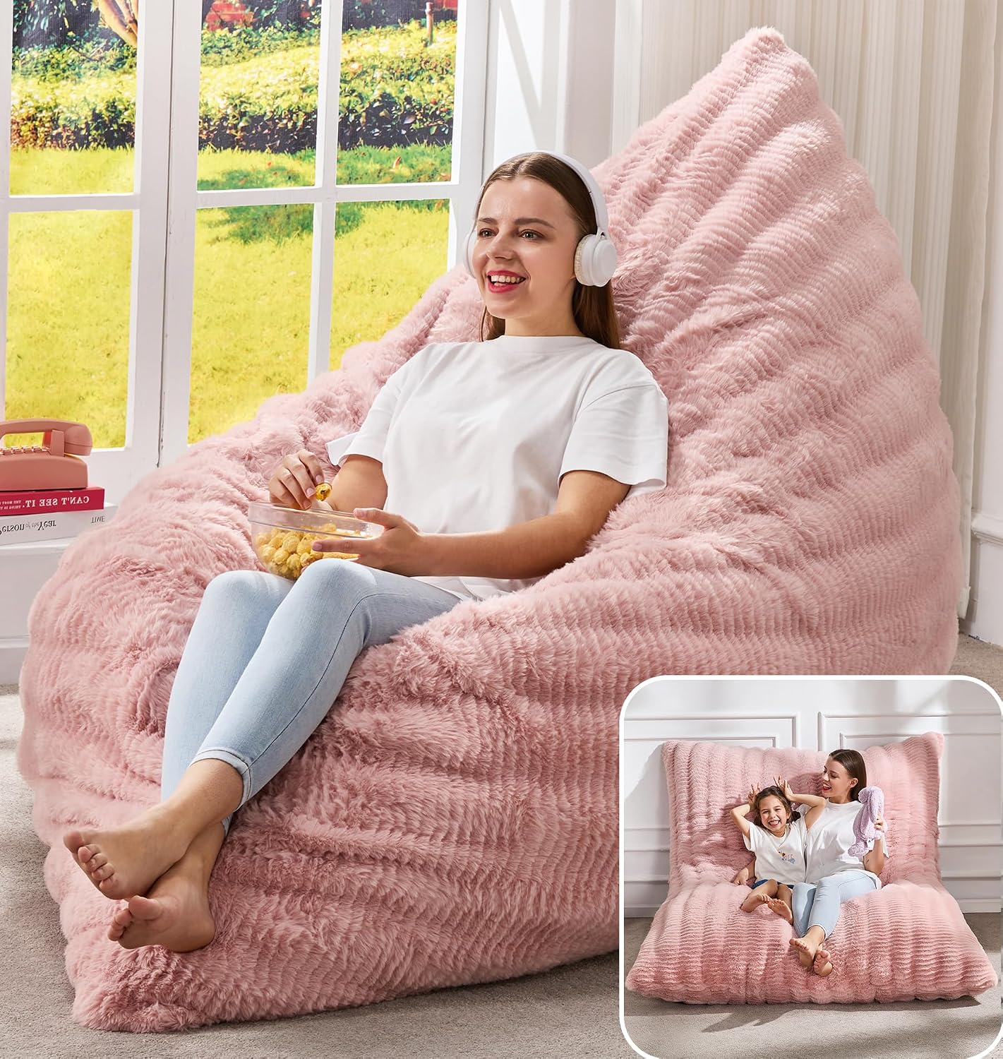 Hobestluk 3 in 1 Bean Bag Chair Giant Bean Bag Chairs for Adults with Ripple Cover Convertible Bean Bag Floor Cushion with Machine Washable Cover for Living Room (Ripple Pink)