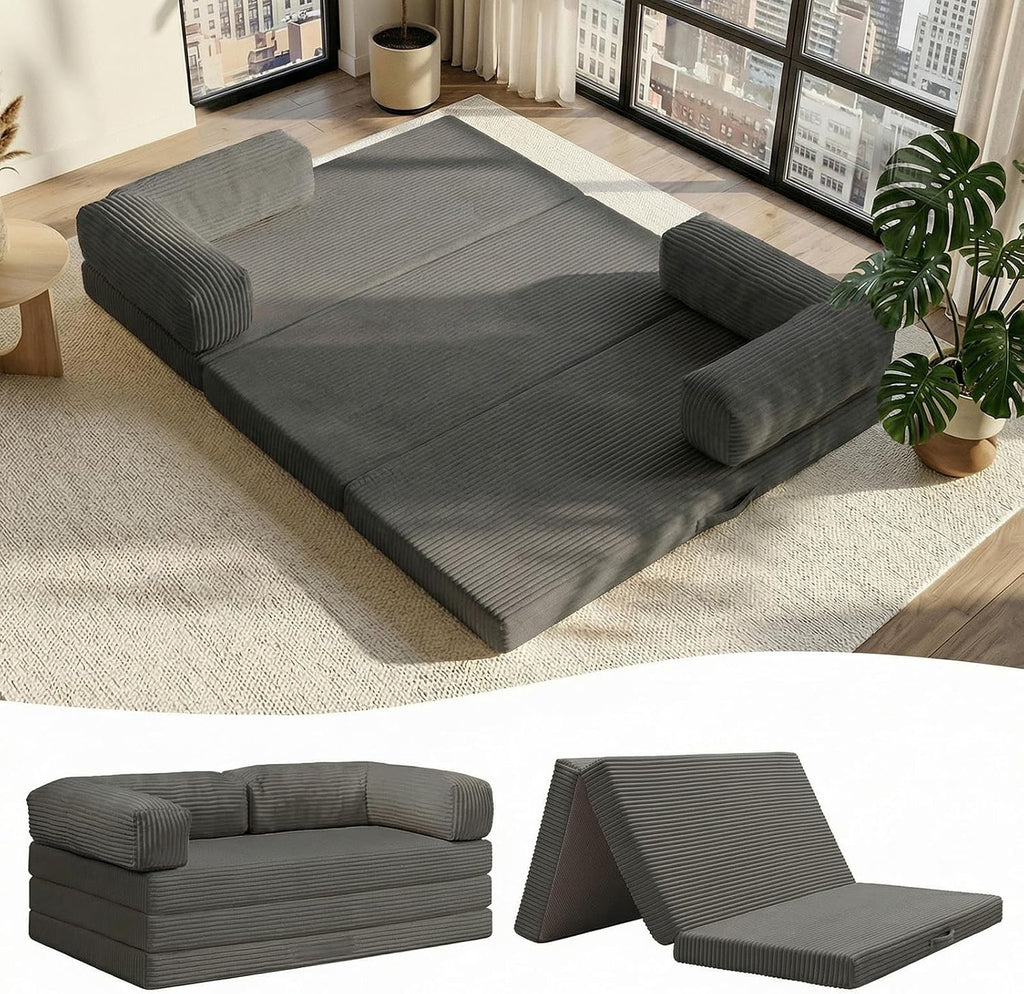 JUIKURY Folding Sofa Bed, Convertible Sleeper Chair with Pilow Foldable Matress, 2 in 1 Pull Out Loveseat Sofa Portable Fold Out Chair Bed Floor Couch Lounge for Living Room (Grey, Queen-82'L x 60'W)
