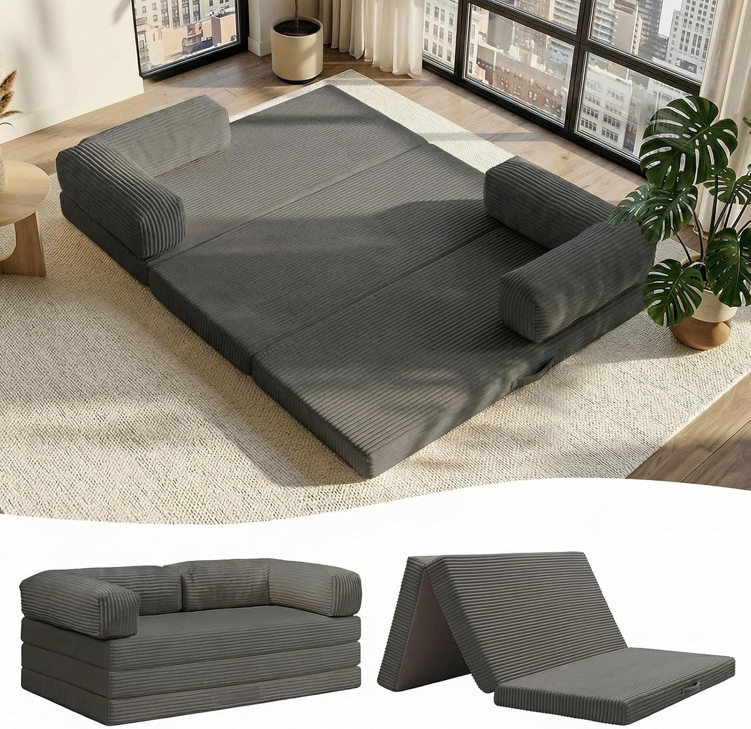 JUIKURY Folding Sofa Bed, Convertible Sleeper Chair with Pilow Foldable Matress, 2 in 1 Pull Out Loveseat Sofa Portable Fold Out Chair Bed Floor Couch Lounge for Living Room (Grey, Queen-82'L x 60'W)