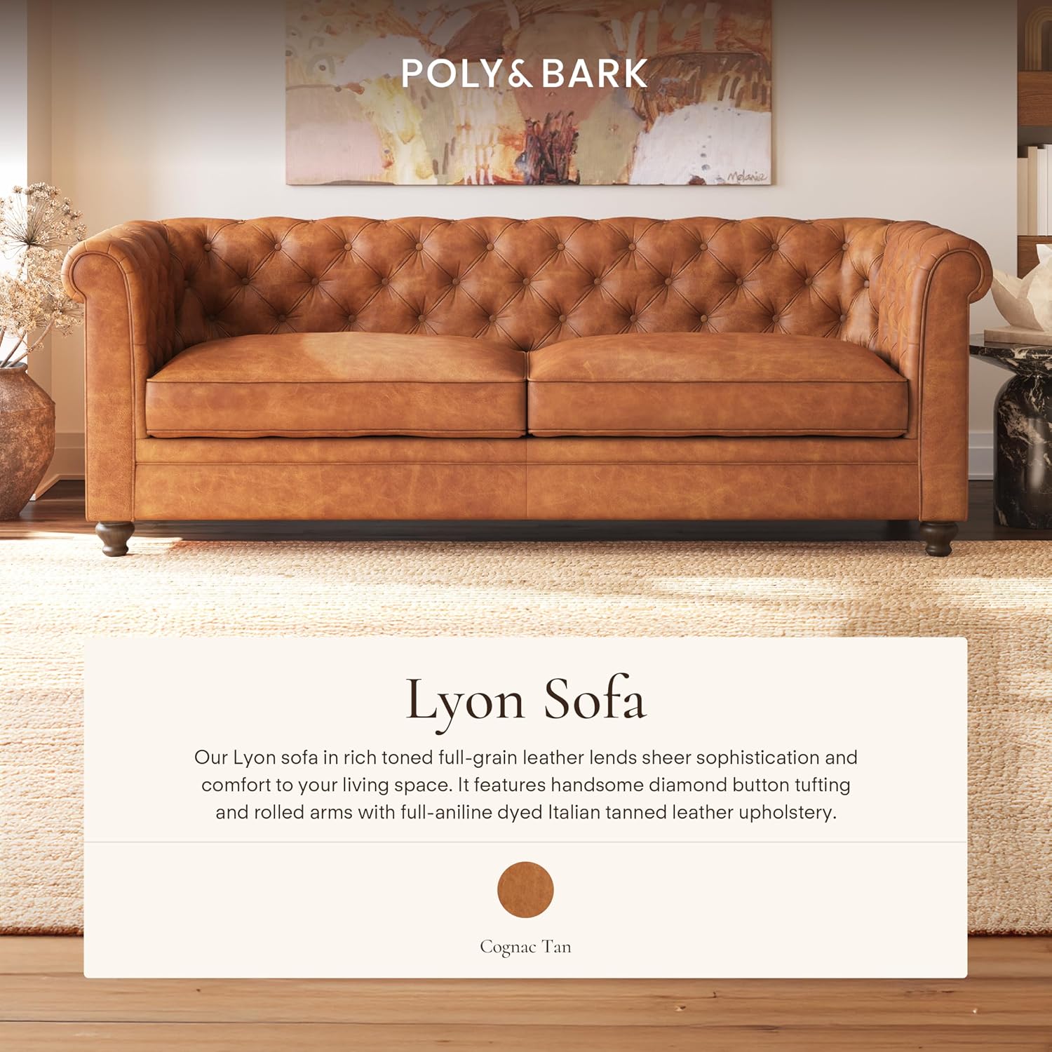 POLY & BARK Lyon 87.4' Leather Sofa in Cognac Tan – Full-Grain Pure-Aniline Italian Leather, Deep Button Tufting, Rolled Arms and Espresso Wood Legs – Chesterfield Style for Elegant Living Rooms