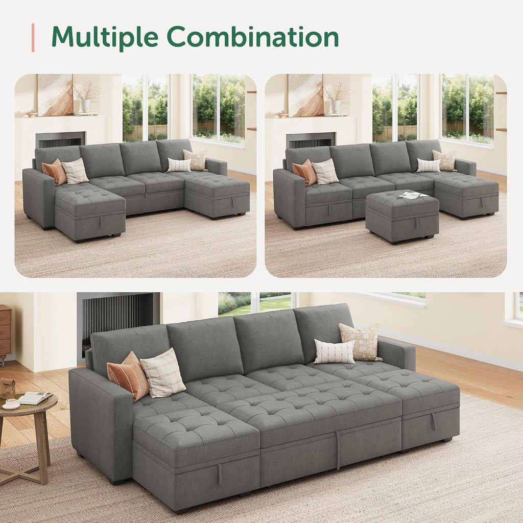 HONBAY Modular Sectional Sleeper Sofa with Pull Out Bed,U Shaped Couch with Storage Seat,Sectional Couches for Living Room,Warm Grey