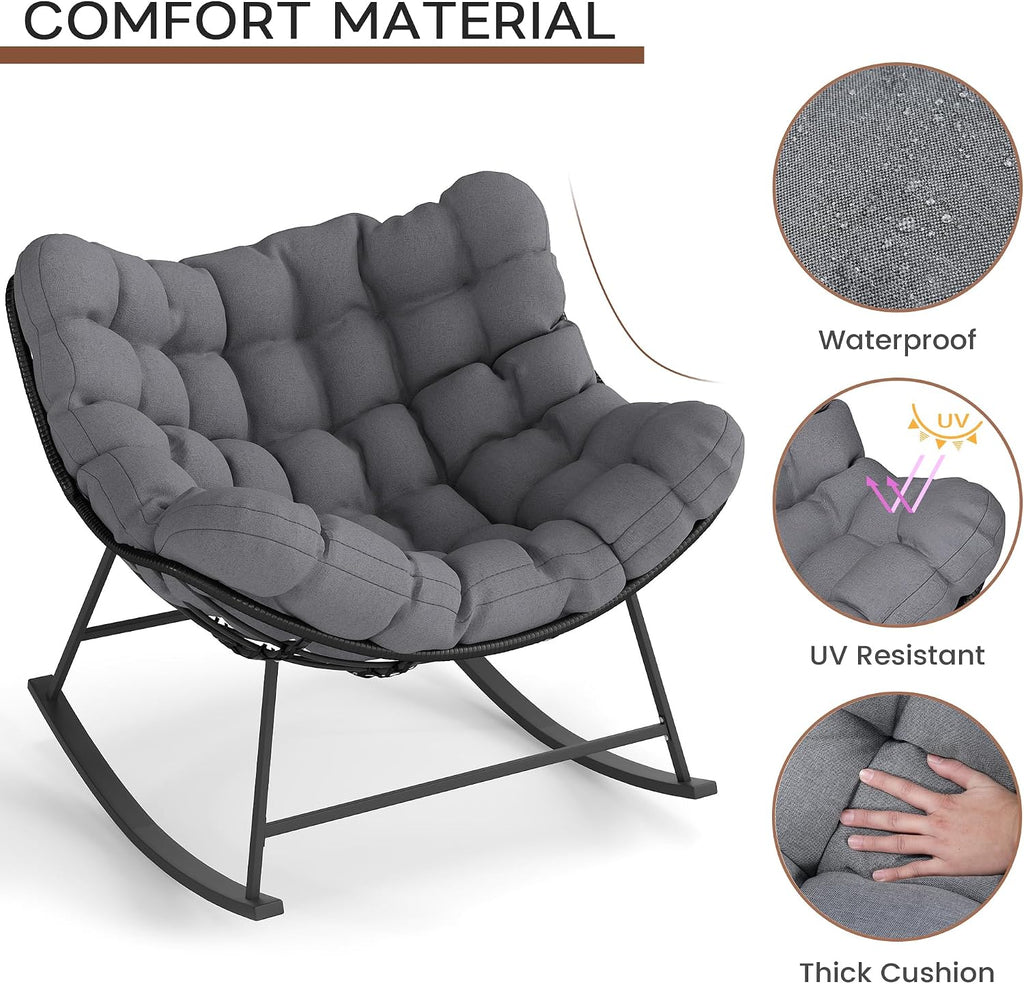 Oversized Wicker Papasan Rocking Chair, Indoor Outdoor Egg Chair Rocker, Comfy Patio Recliner with Modern Egg Style, Grey