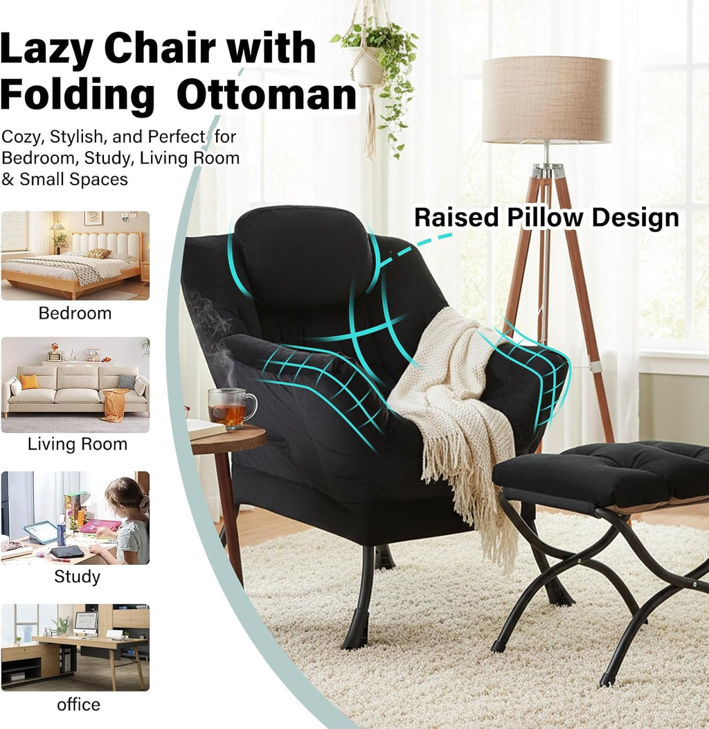 Furlide Lazy Chair with Ottoman, Modern Accent Chair with Armrests and a Side Pocket, Velvet Black Accent Chairs, Reading Chairs, Oversized Armchairs for Bedroom, Study, Living Room, Courtyard
