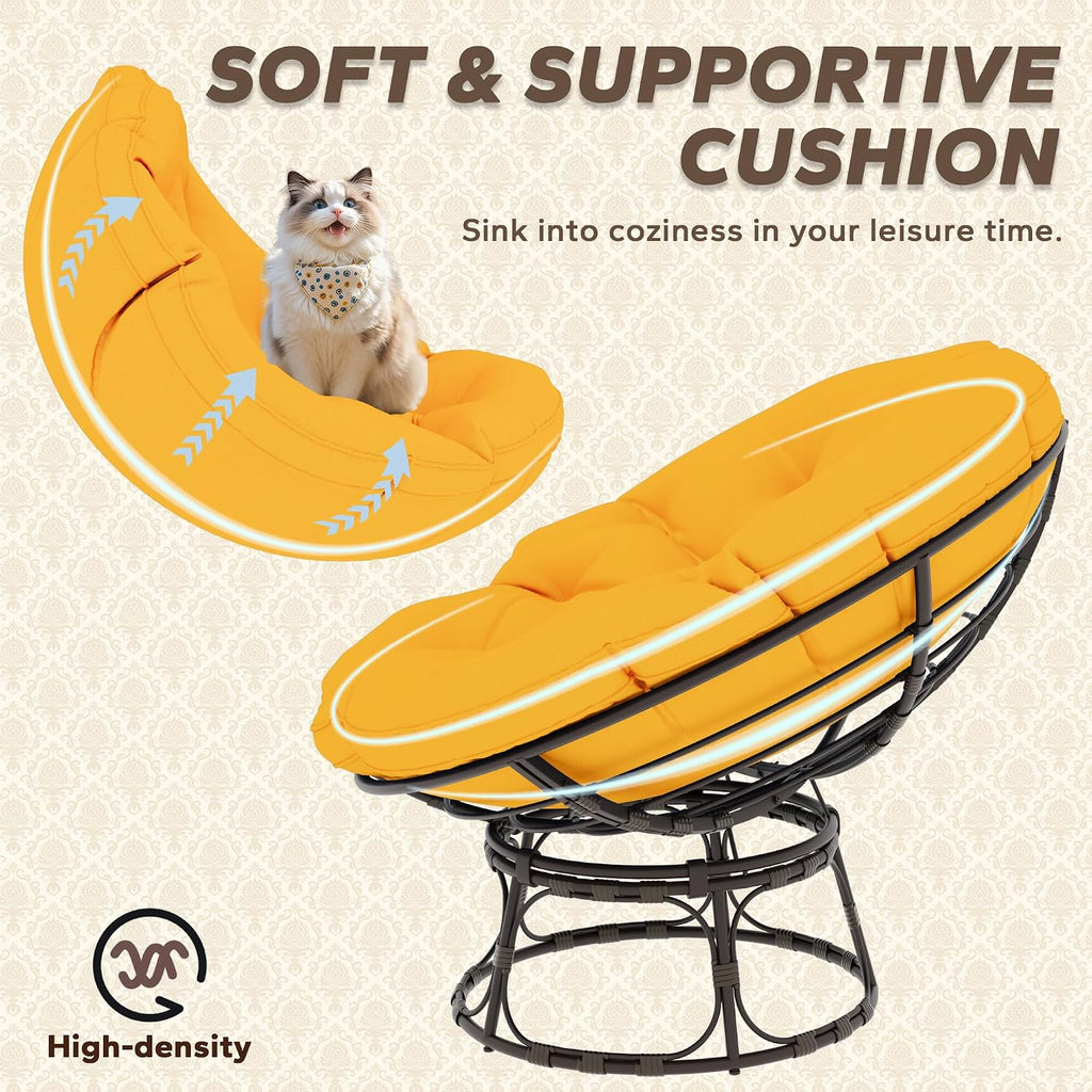 46'' Large Size Papasan Chair (Non-Swivel) with Cushion and Frame, Overstuffed Thickened Lazy Chair, Mustard Yellow