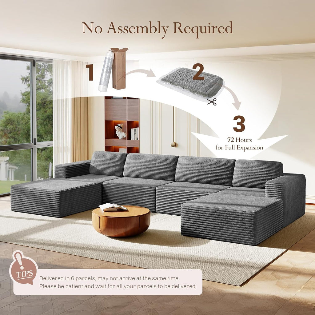 Vesgantti 159' Large Modular Sectional Sofa, U-Shaped Corduroy Cloud Couch with Deep Seats & Spring Support, 4-Seater Boneless Sofa with 2 Movable Ottomans, No Assembly Needed, Grey