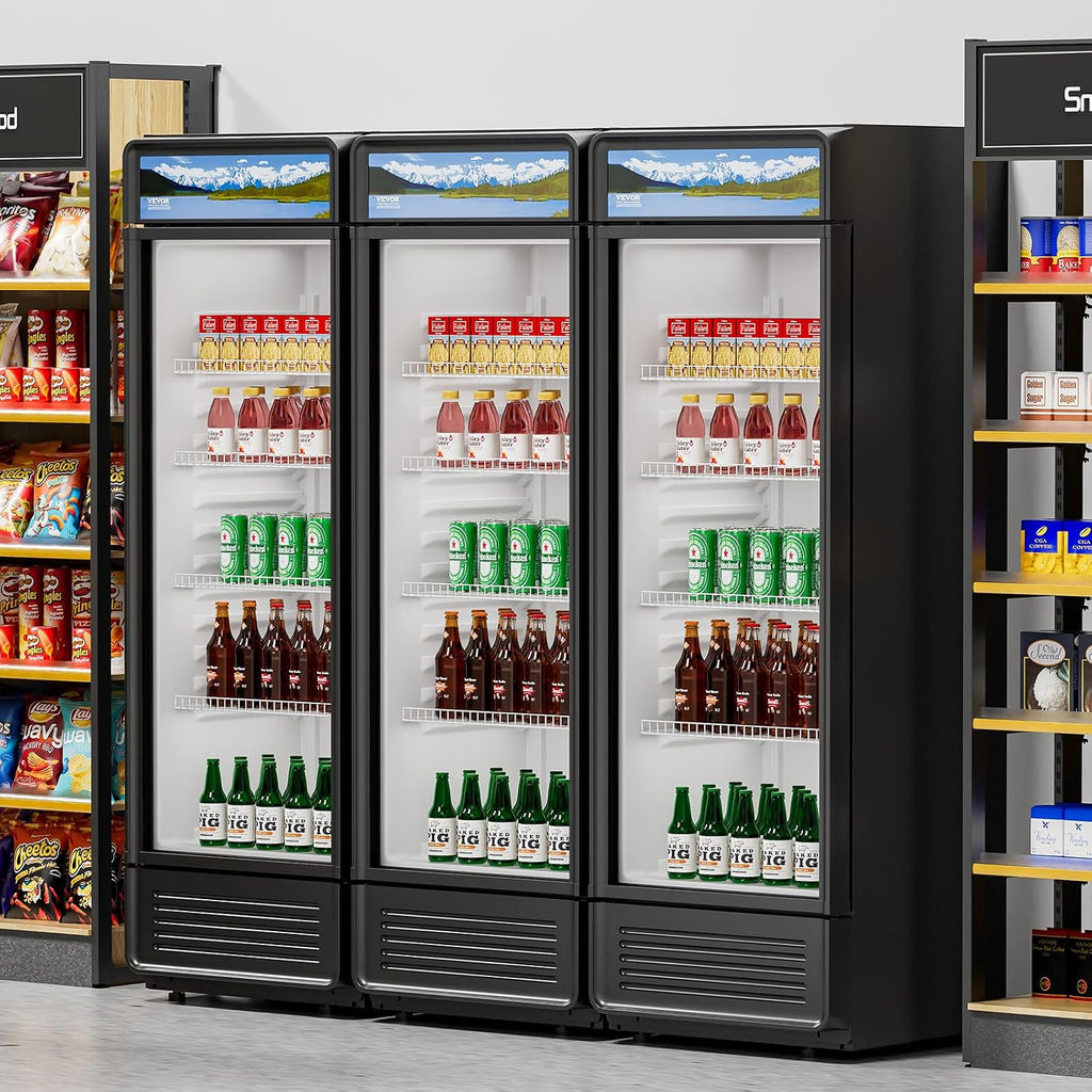 VEVOR Commercial Merchandiser Refrigerator, 13.3 CU.FT Glass Door Display Refrigerator, Beverage Cooler Merchandiser with Adjustable Shelves, Soft LED Light, Customizable Lightbox, Black