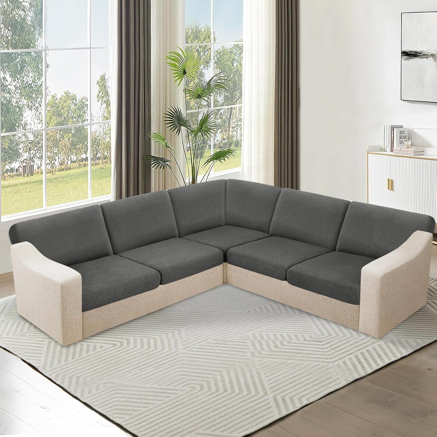 HDCAXKJ Waterproof Sectional Couch Cushion Covers 11 Pieces Stretch Jacquard L Shaped Corner Sofa Slipcover Back Cover Soft Sofa Seat Cushion Covers for Dogs Pet (5 Seater and 6 Backrest, Dark Gray)