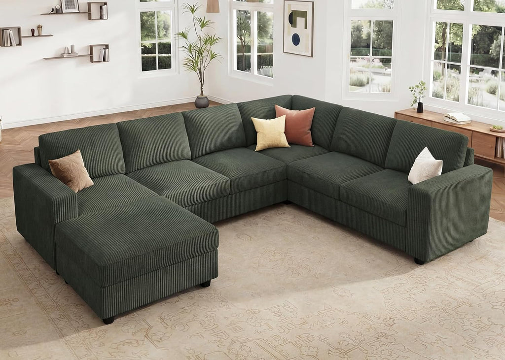 HONBAY Corduroy Sectional Sofa with Storage, U Shape Sectional Sofa with Chaise, Sectional Couches for Living Room, Green