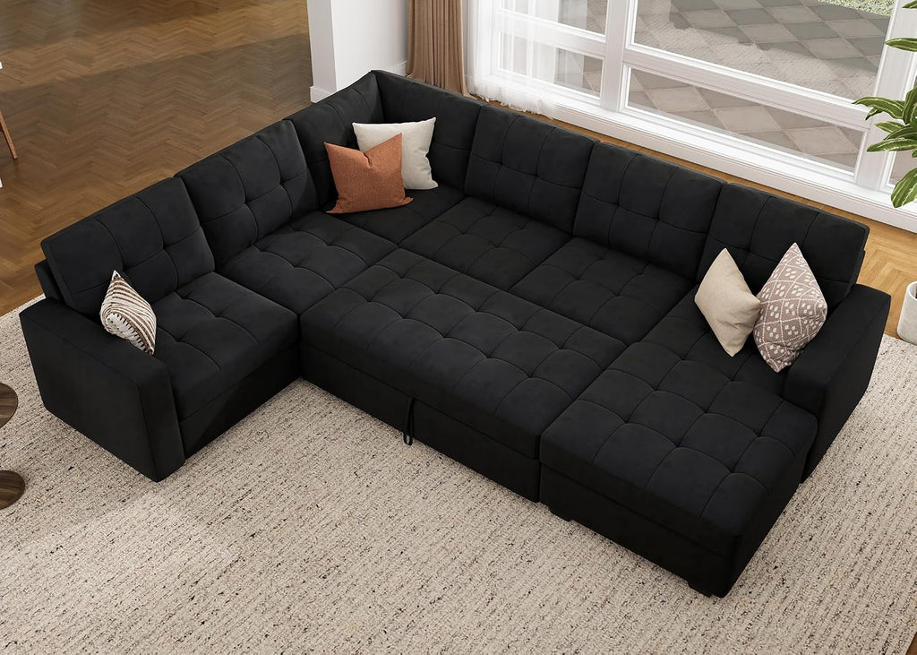 HONBAY Sectional Sleeper Sofa with Pull Out Bed, Sleeper Sectional Couch for Living Room, Sleeper Sofa Bed with Storage Chaise, Velvet Black