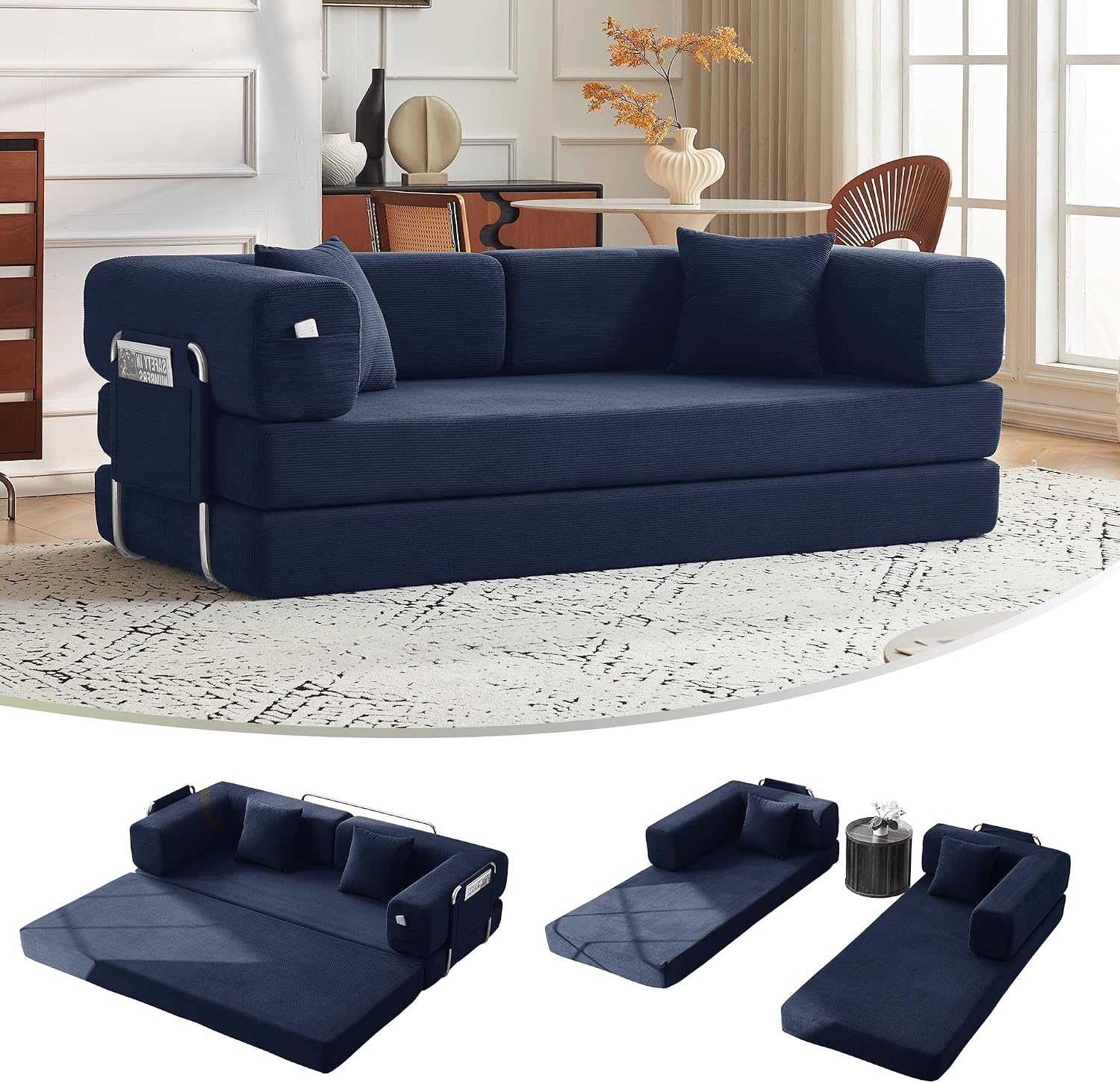 79' Convertible Sofa Bed with Pillows, Corduroy Folding Sleeper Sofa with Fixed-Shape Frame, Boneless Couch for Living Room Bedroom, Floor Sofa Lounge No Assembly Required (A - Style - Blue)