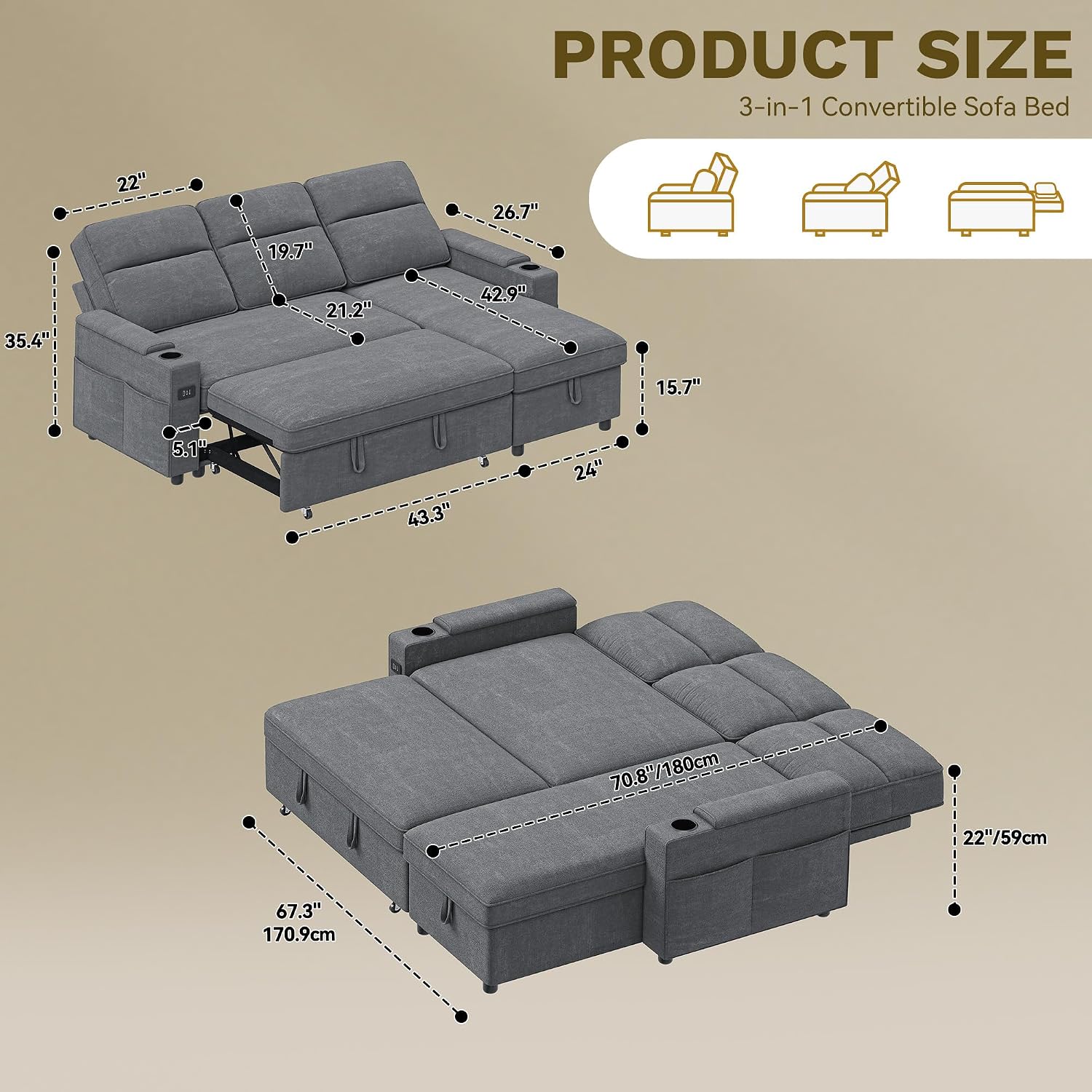 DWVO Convertible Sleeper Sofa with Adjustable Backrest & Pull Out Bed, L-Shaped Sectional Sofa Bed with Armrest & USB Port, Upholstered Sectional Couch for Living Room, No-Tool Assembly, Grey