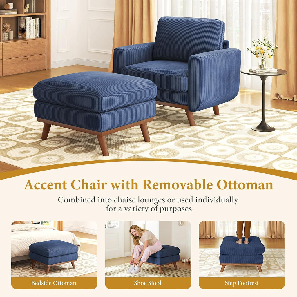 Vesgantti 38.5' Accent Chair with Movable Ottoman, Comfy Corduroy Armchair with Spring Cushion, Reading Chair with Ottoman, Modern Single Sofa for Living Room, Bedroom and Apartment, Dark Blue