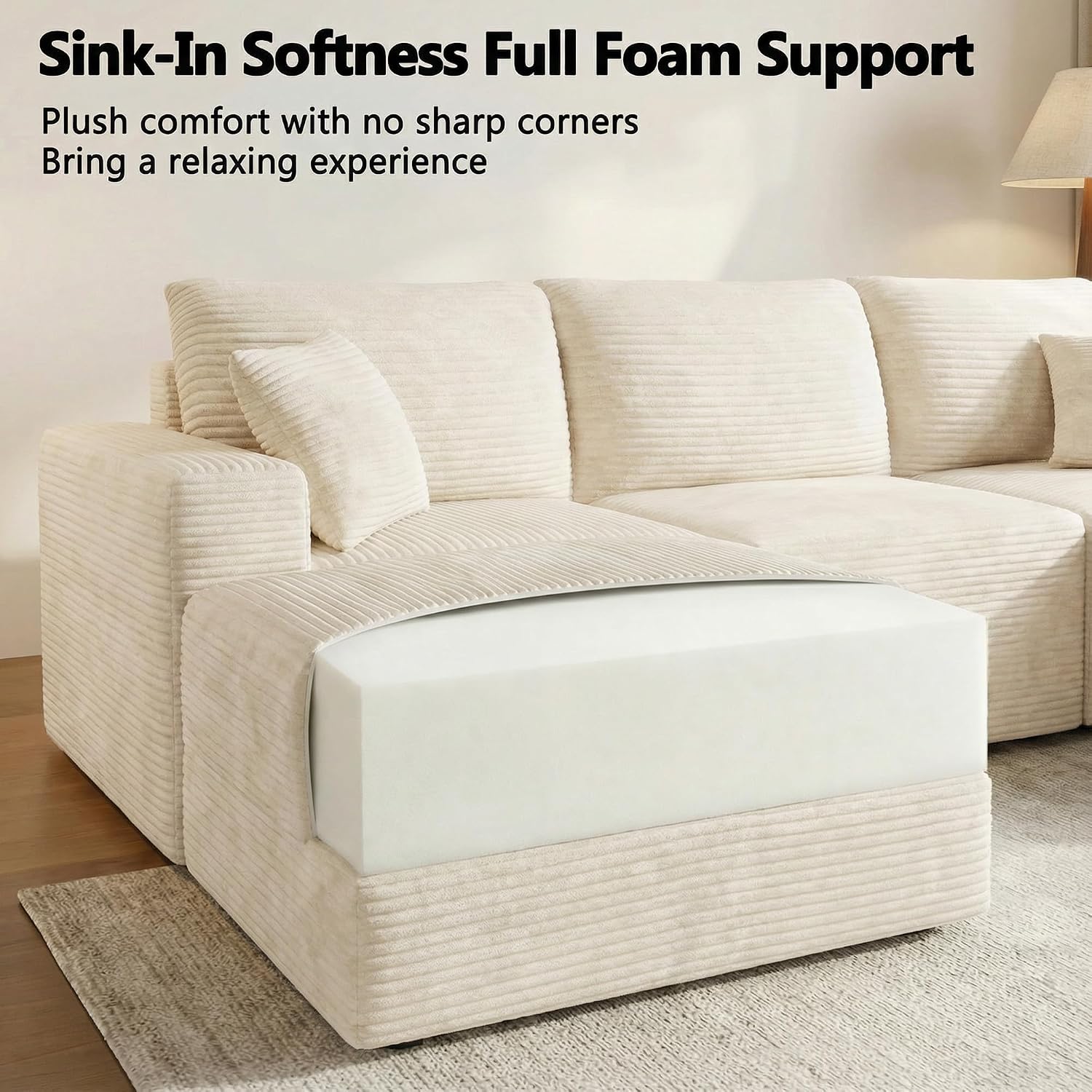 Homall Sectional Couches for Living Room, Modern Boneless Couch with Deep Seat, Upholstered Cloud Sofa, No Assembly Required (Beige, Oversized Sofa)