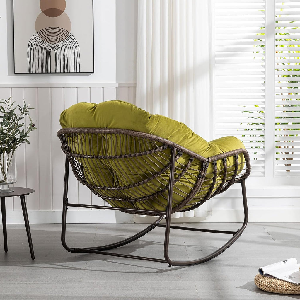 Papasan Rocking Chairs Outdoor Indoor, Oversized Rattan Rocker Patio Chair with Padded Cushion, Comfy Modern Indoor Egg Chair for Living Room, Bedroom, Porch, Garden, Balcony(Velvet, Olive Green)