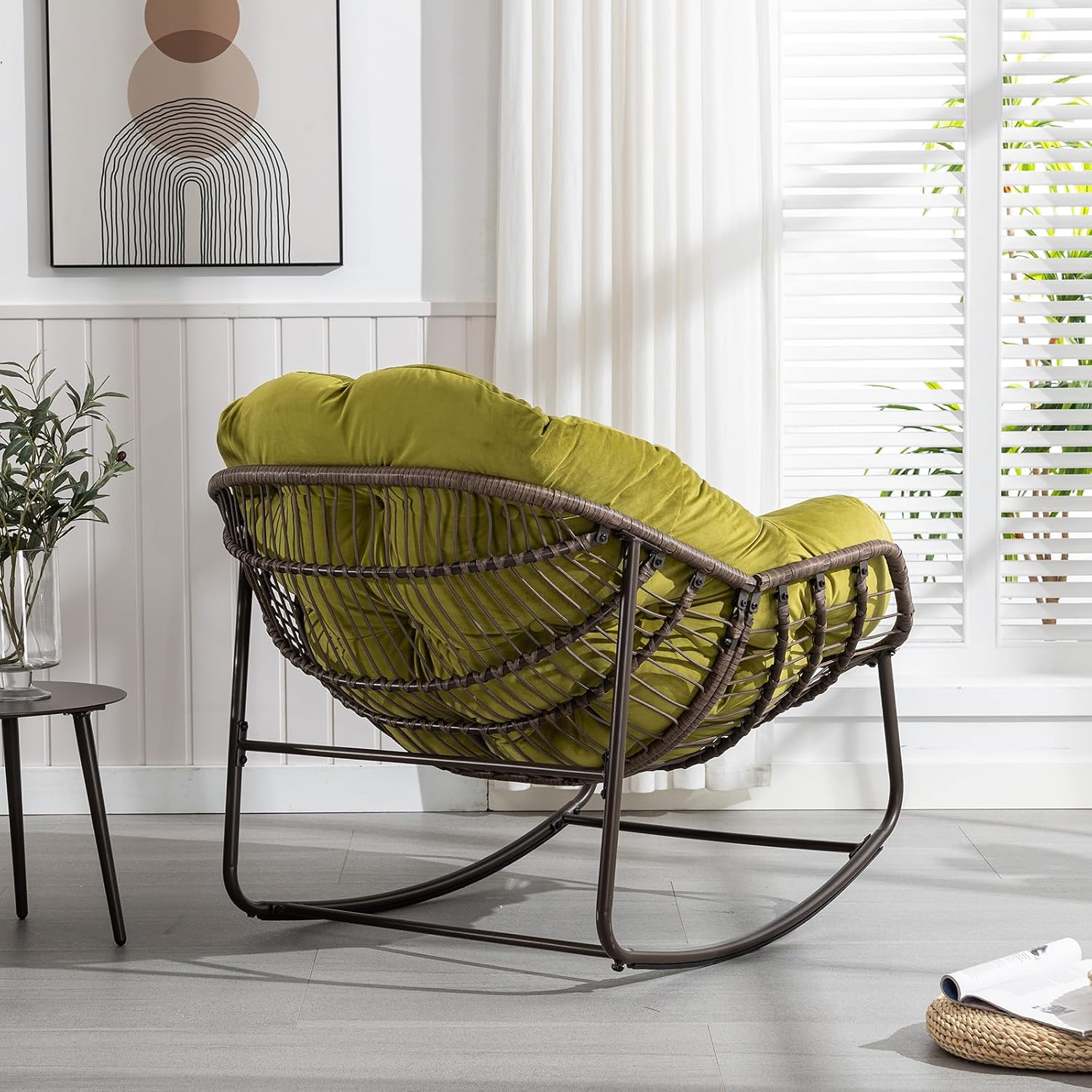 Papasan Rocking Chairs Outdoor Indoor, Oversized Rattan Rocker Patio Chair with Padded Cushion, Comfy Modern Indoor Egg Chair for Living Room, Bedroom, Porch, Garden, Balcony(Velvet, Olive Green)