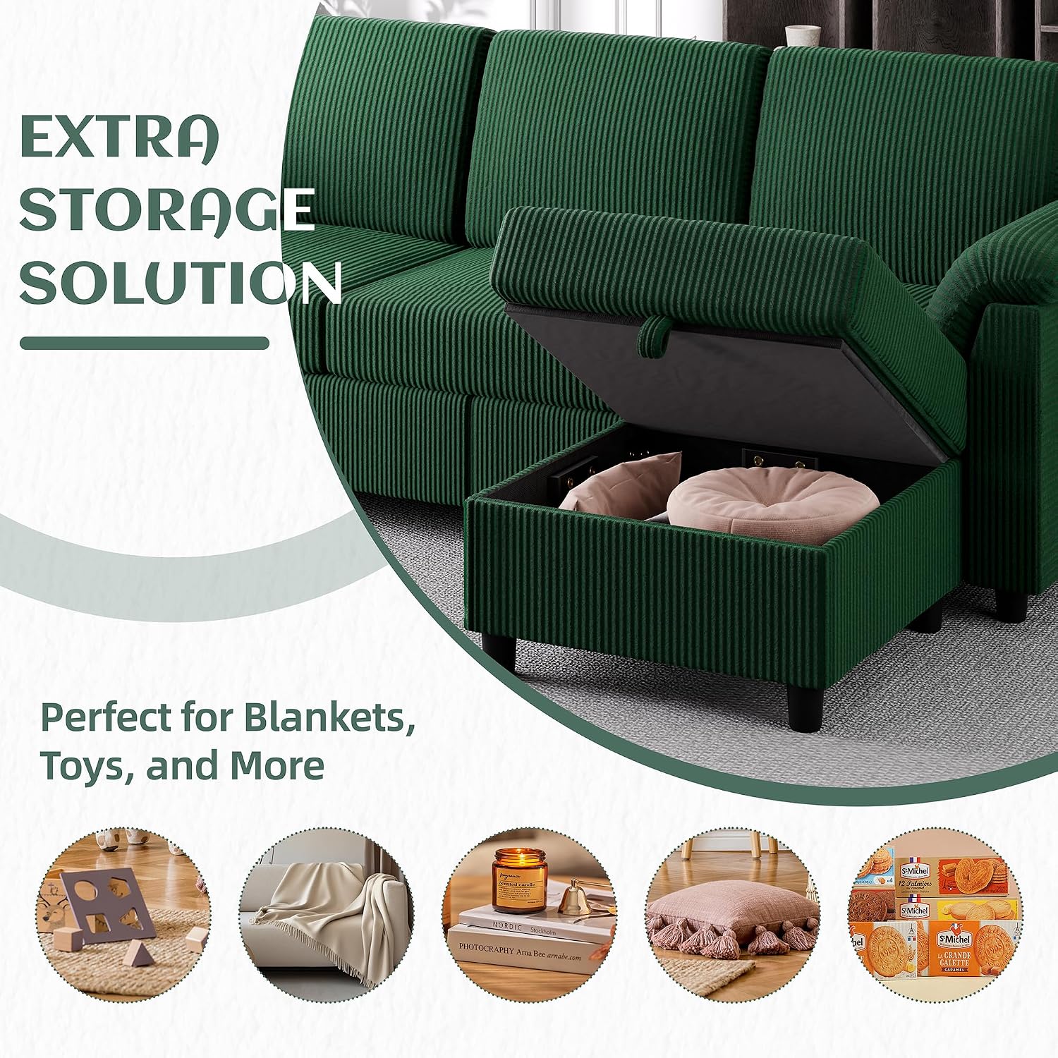 Vongrasig 79' Convertible Sectional Couch Sofa with Storage Ottoman, 3 Seat L Shaped Couch with Side Storage Pockage, Small Couches for Living Room, Apartment and Small Space (Green)