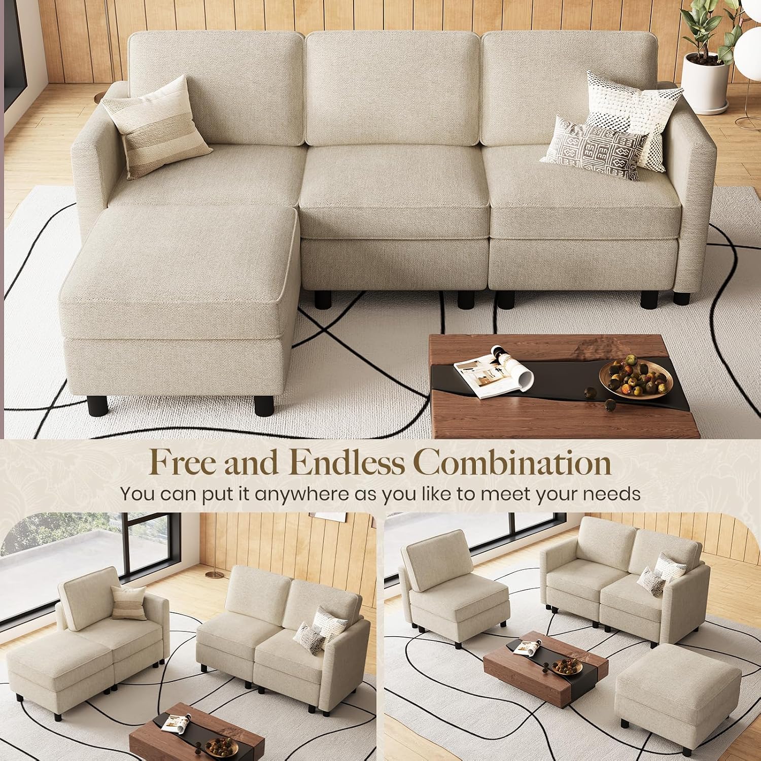Belffin 84.3' 4 Seats L Shaped Couch Modular Sectional Sofa Washable Sectional Couches for Living Room Comfy Couches with Storage Seat Couch Sofas with Chaise,Beige
