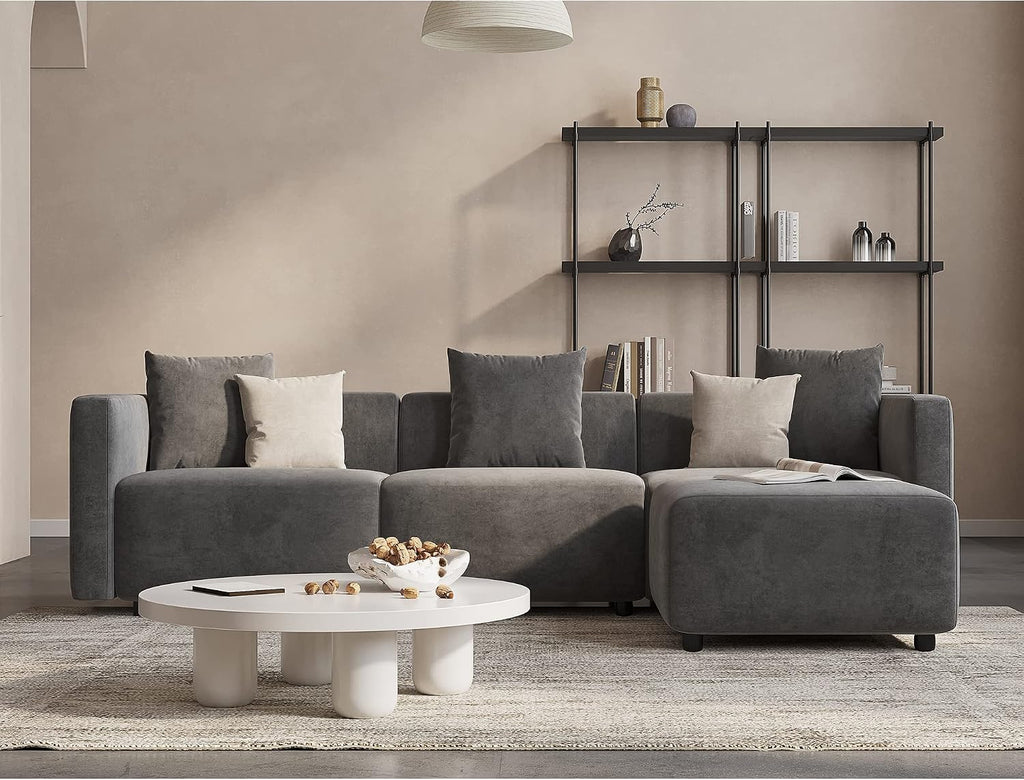 Acanva Luxury L-Shaped Upholstery Convertible Modular Sectional Sofa, Contemporary Reversible Couch with Chaise Lounge for Living Room, Apartment, 4 Piece Set, Suedette Dark Grey
