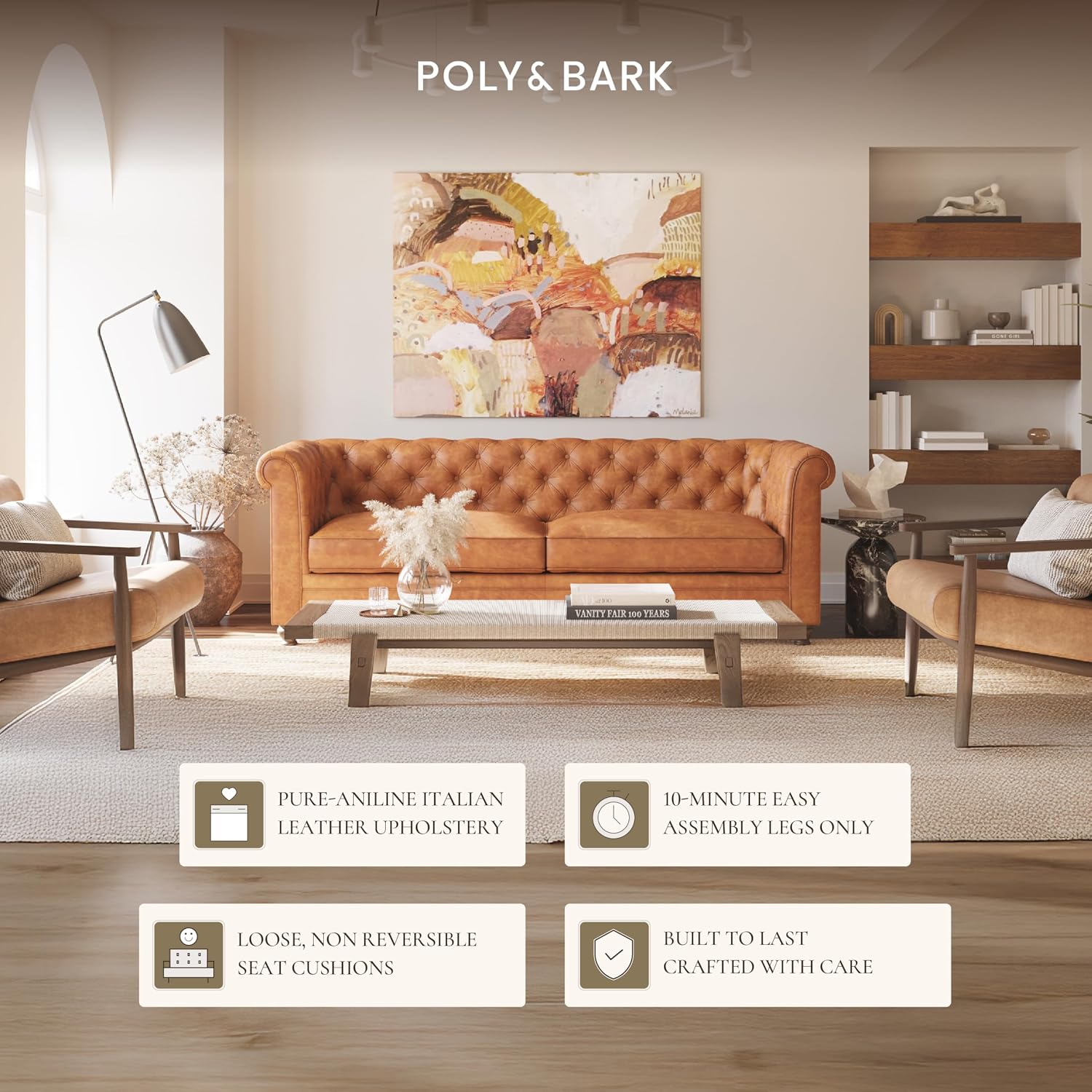 POLY & BARK Lyon 87.4' Leather Sofa in Cognac Tan – Full-Grain Pure-Aniline Italian Leather, Deep Button Tufting, Rolled Arms and Espresso Wood Legs – Chesterfield Style for Elegant Living Rooms