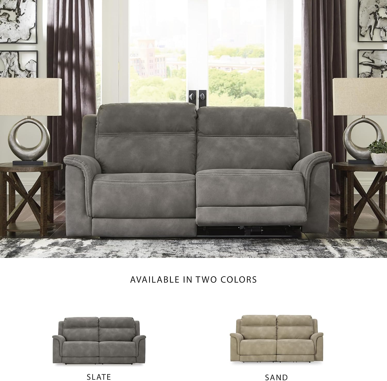 Signature Design by Ashley Next-Gen DuraPella Power Reclining Sofa, USB, Extended Ottoman, Water Repellent Faux Leather, 80' W x 42' D x 42' H, Slate Gray