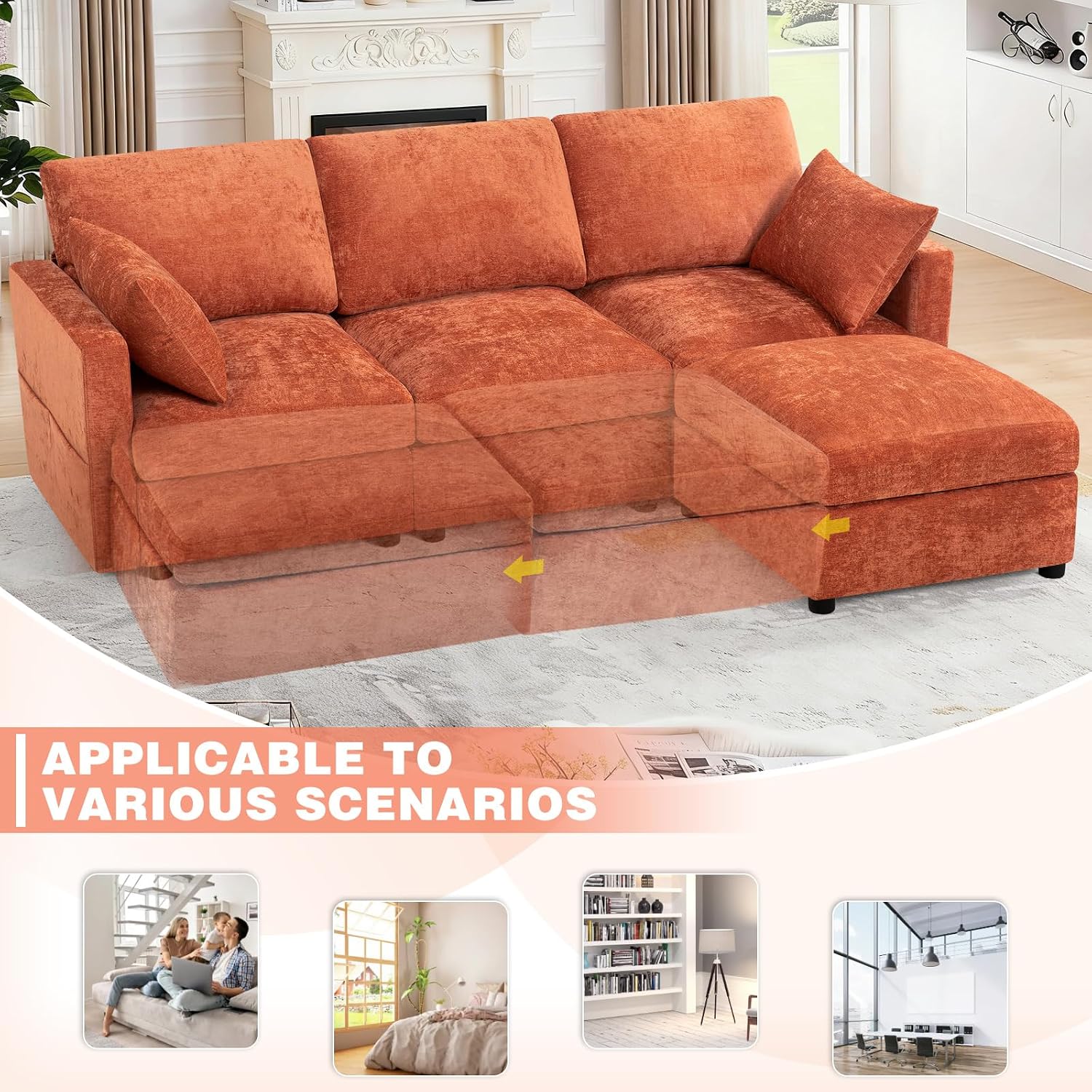 84' Chenille 3 Seater Sofa W/Movable Ottoman, Modern Fabric L-Shaped Couch w/Soft Backrests, Upholstered Sectional Sofa w/Arm Pillows for Living Room, Office, Orange