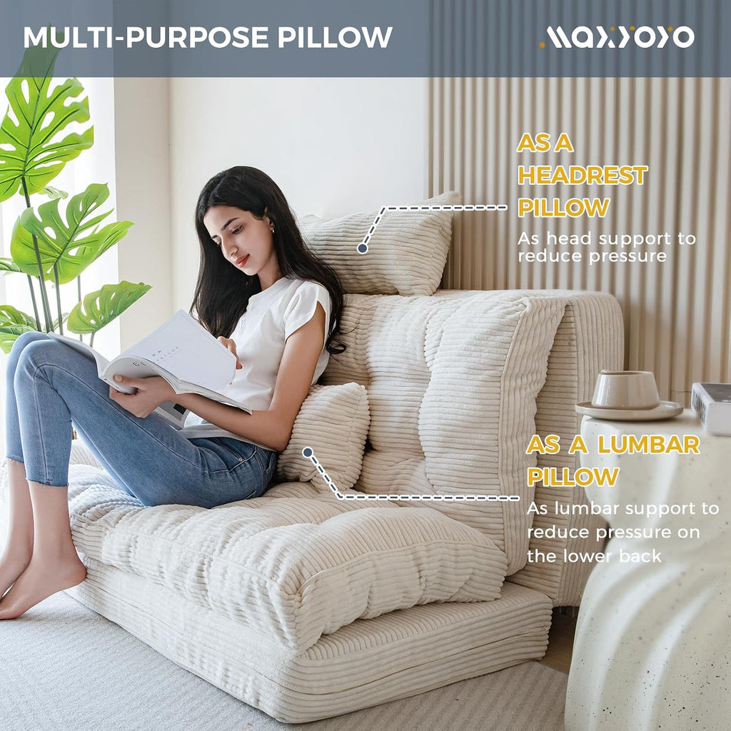 MAXYOYO Folding Sofa Bed, Tufted Bean Bag Bed with Pillows Floor Mattress for Adults, Extra Thick and Long Floor Sofa, Full Floor Couch Bed for Bedroom Living Room, Beige, 54x91 Inch