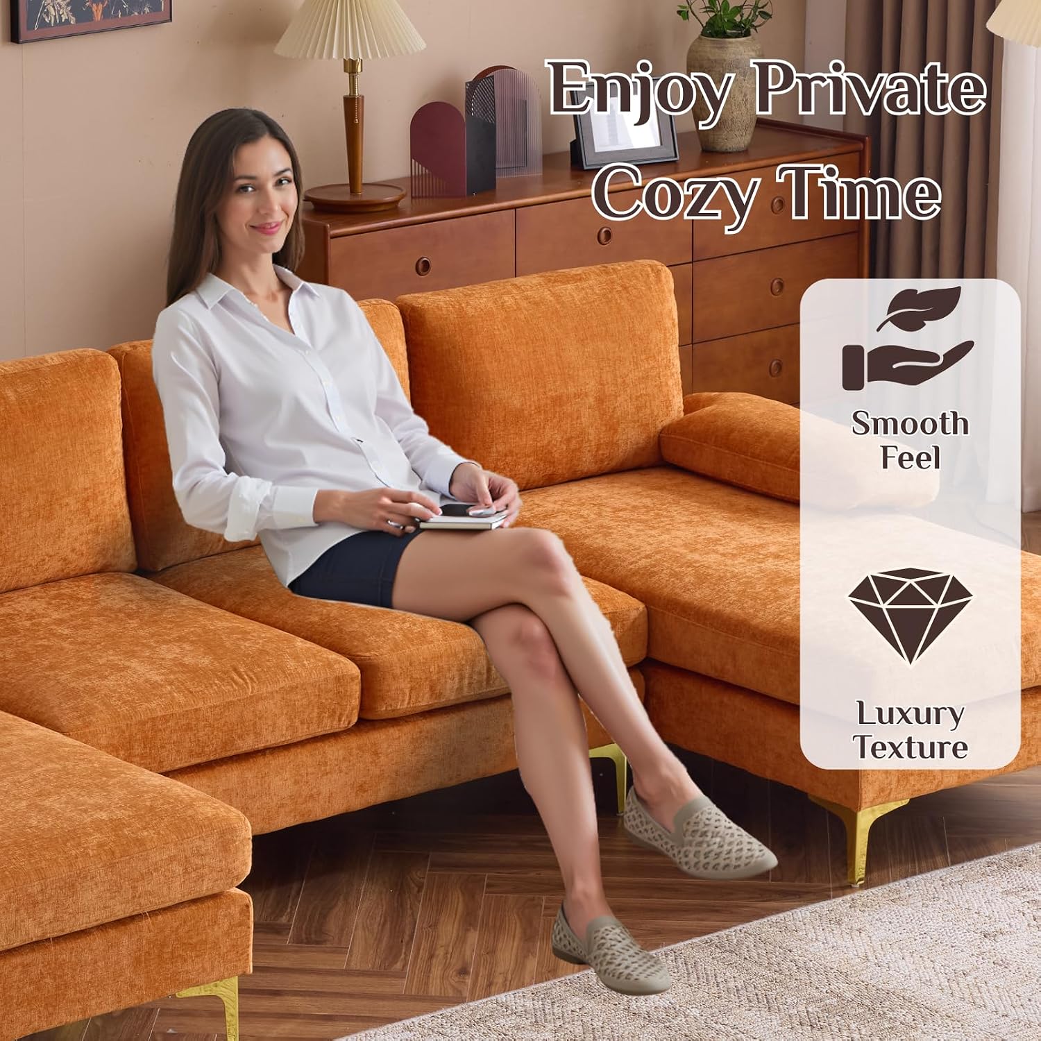 Karl home Convertible Sectional Sofa 110' U-Shape Sofa Couch 4-Seat Couch with Chaise ChenilleFabric Upholstered for Living Room, Apartment, Office, Orange