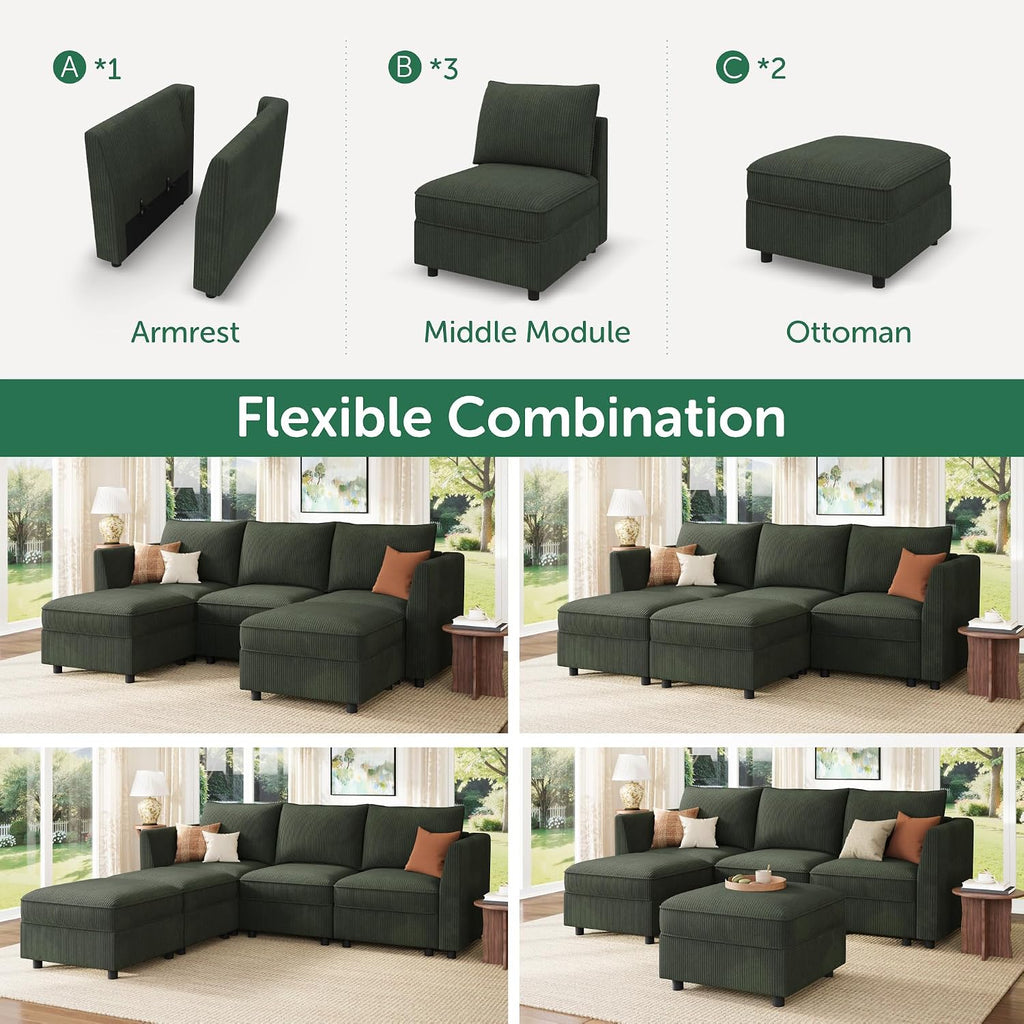 HONBAY Modular Sectional Sofa with Storage U Shaped Sectional Sofa, Convertible Couches for Living Room - Green