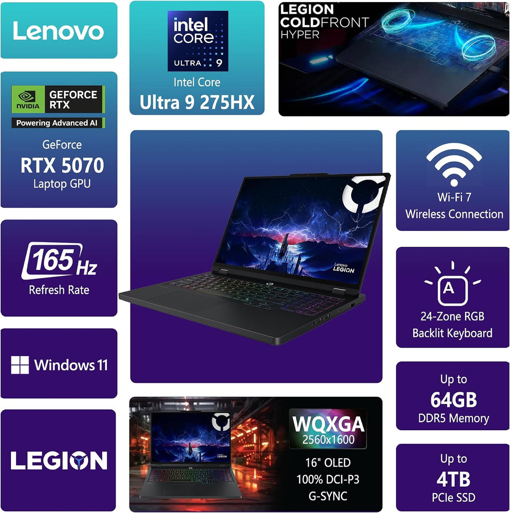Lenovo Legion Pro 5i AI-Powered Gaming Laptop | 16' WQXGA OLED 165Hz | Intel Core Ultra 9 275HX | 64GB DDR5 1TB SSD | GeForce RTX 5070 (798 AI Tops) | RGB Backlit Wi-Fi 7 Win11 Pro w/DLCA Accessory