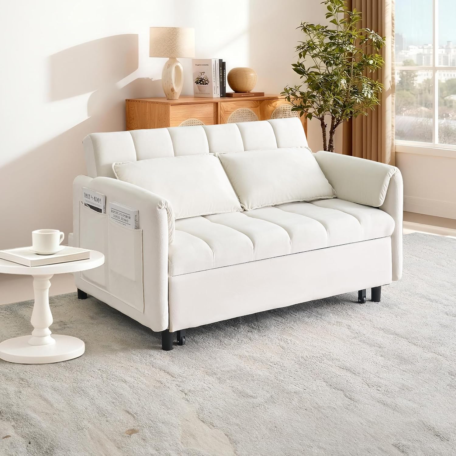 CAPCAEK 3 in 1 Convertible Sleeper Sofa Bed, Modern Velvet Loveseat Pull-Out Couch w/Pullout Bed, Small Love Seat Lounge Sofa w/Reclining Backrest,Toss Pillows, Pockets, for Living Room
