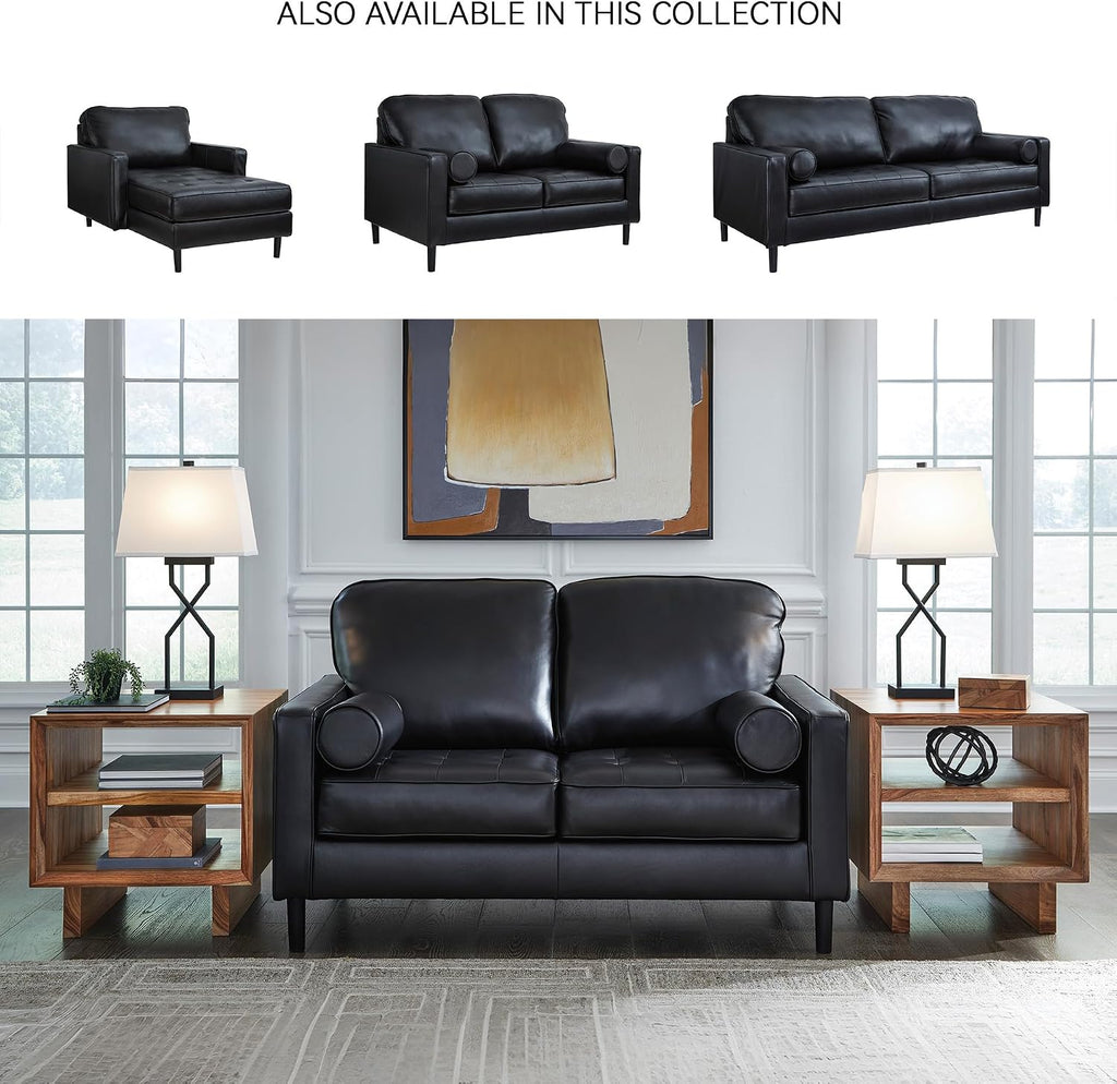 Signature Design by Ashley Bryceview Mid-Century Leather Match Tufted Loveseat with 2 Bolster Pillows, Black
