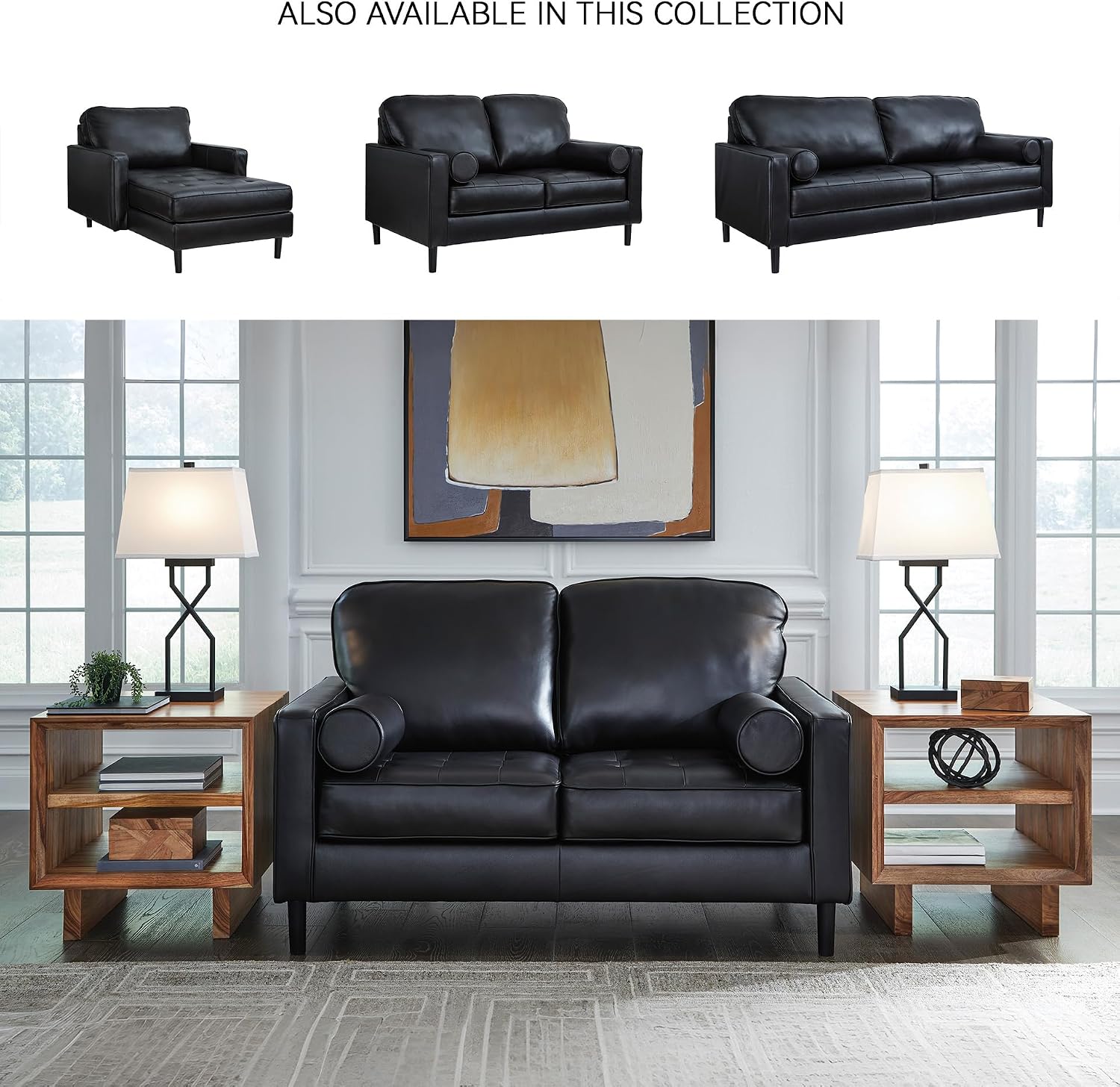Signature Design by Ashley Bryceview Mid-Century Leather Match Tufted Loveseat with 2 Bolster Pillows, Black