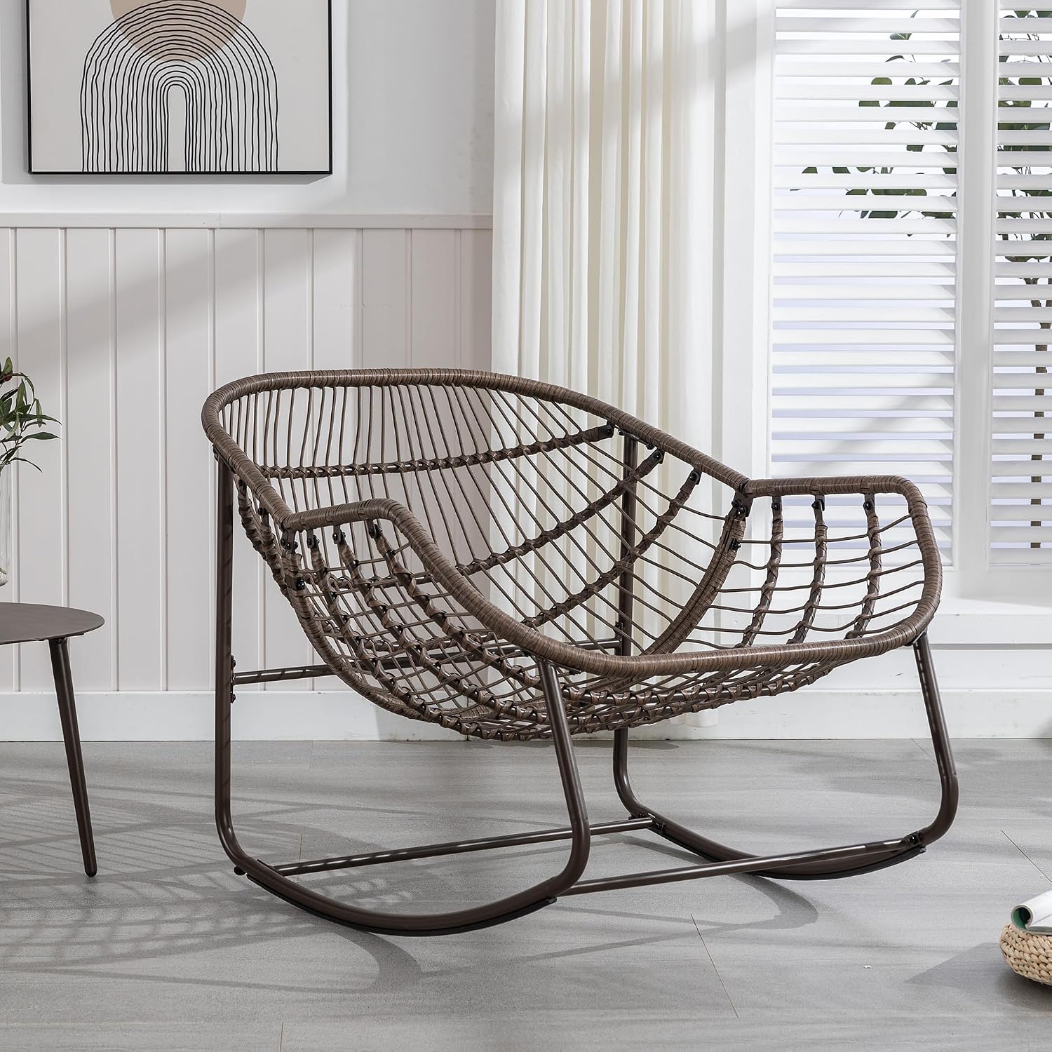 Patio Rocking Chairs, Oversized Wicker Egg Rocking Chair,Indoor & Outdoor Upholstered Papasan Chairs, Modern Lounge Chair for Balcony,Living Room Patio, Front Porch, Garden