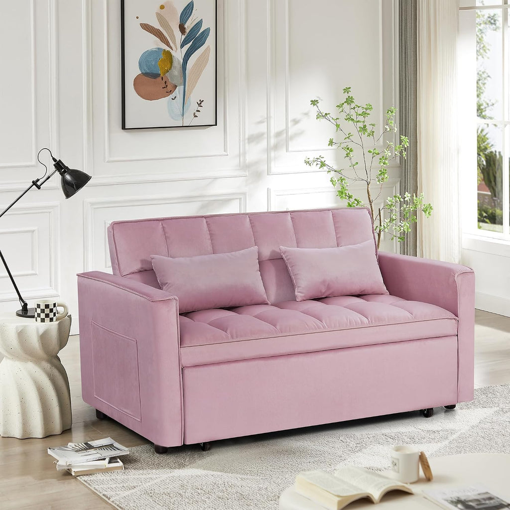 3 in 1 Convertible Sleeper Sofa Bed, 54'' Full Size Velvet Pull Out Futon Couch Recliner with Reclining Backrest & 2 Pillows, Small Loveseat Lounge Couches for Small Spaces (Pink)
