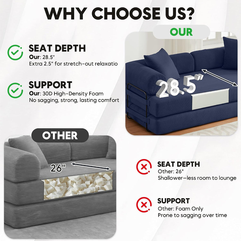 ZEIINPA Convertible Sleeper Sofa Bed with Cylindrical Pillow, Corduroy Folding Boneless Couch with Fixed-Shape Frame, Floor Sofa Lounge Couch for Living Room Bedroom Lounge Studio-Blue