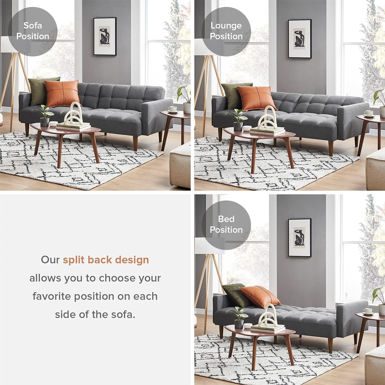 mopio Aaron 76.8' Couch, Small Futon Sofa Bed, Sleeper, Loveseat, Mid Century Modern Futon Couch, Sofa Cama, Couches for Living Room, Bedroom (Dark Grey Fabric)