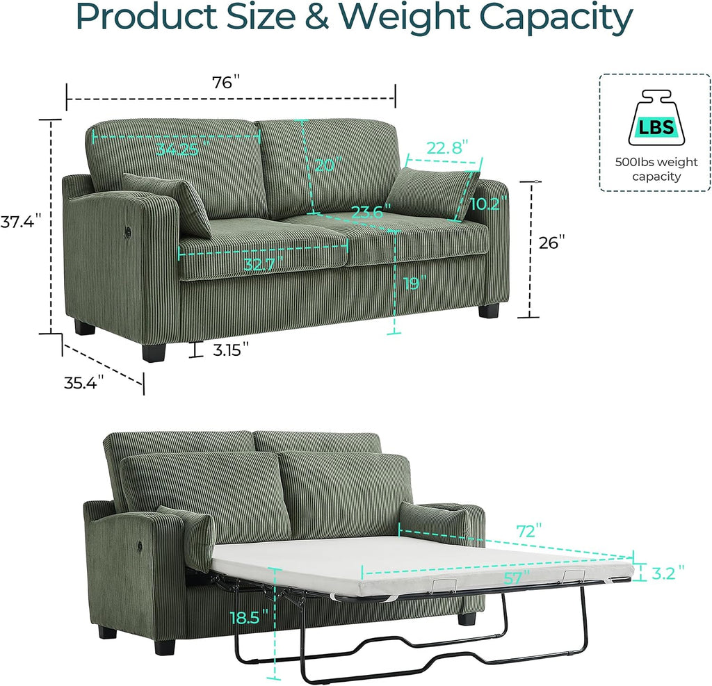 LINSY HOME Pull Out Sofa Bed - Convertible Loveseat Sleeper Sofa, Upgraded Bed Frame Pullout Couch - USB Charging & Cup Holders, Corduroy Sofa Bed for Living Room Small Space, Queen Size (Green)