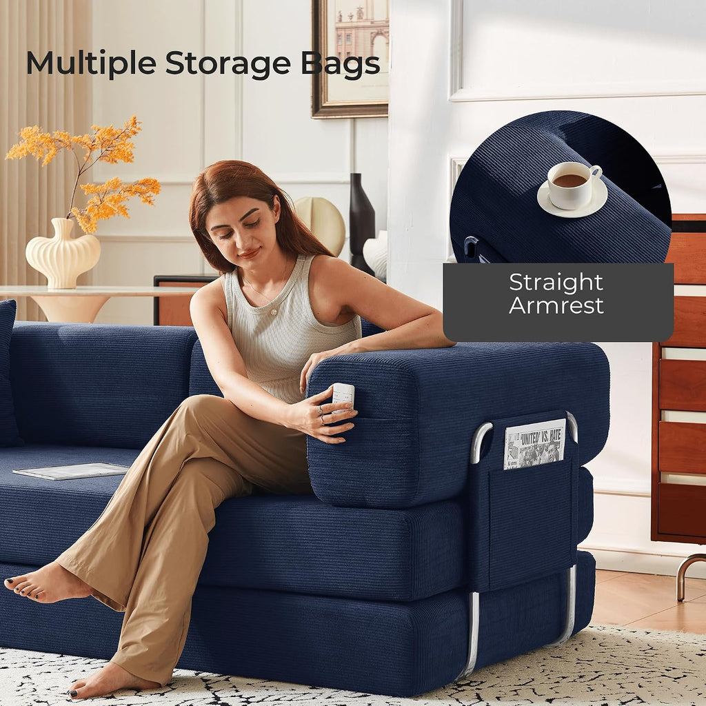 79' Convertible Sofa Bed with Pillows, Corduroy Folding Sleeper Sofa with Fixed-Shape Frame, Boneless Couch for Living Room Bedroom, Floor Sofa Lounge No Assembly Required (A - Style - Blue)