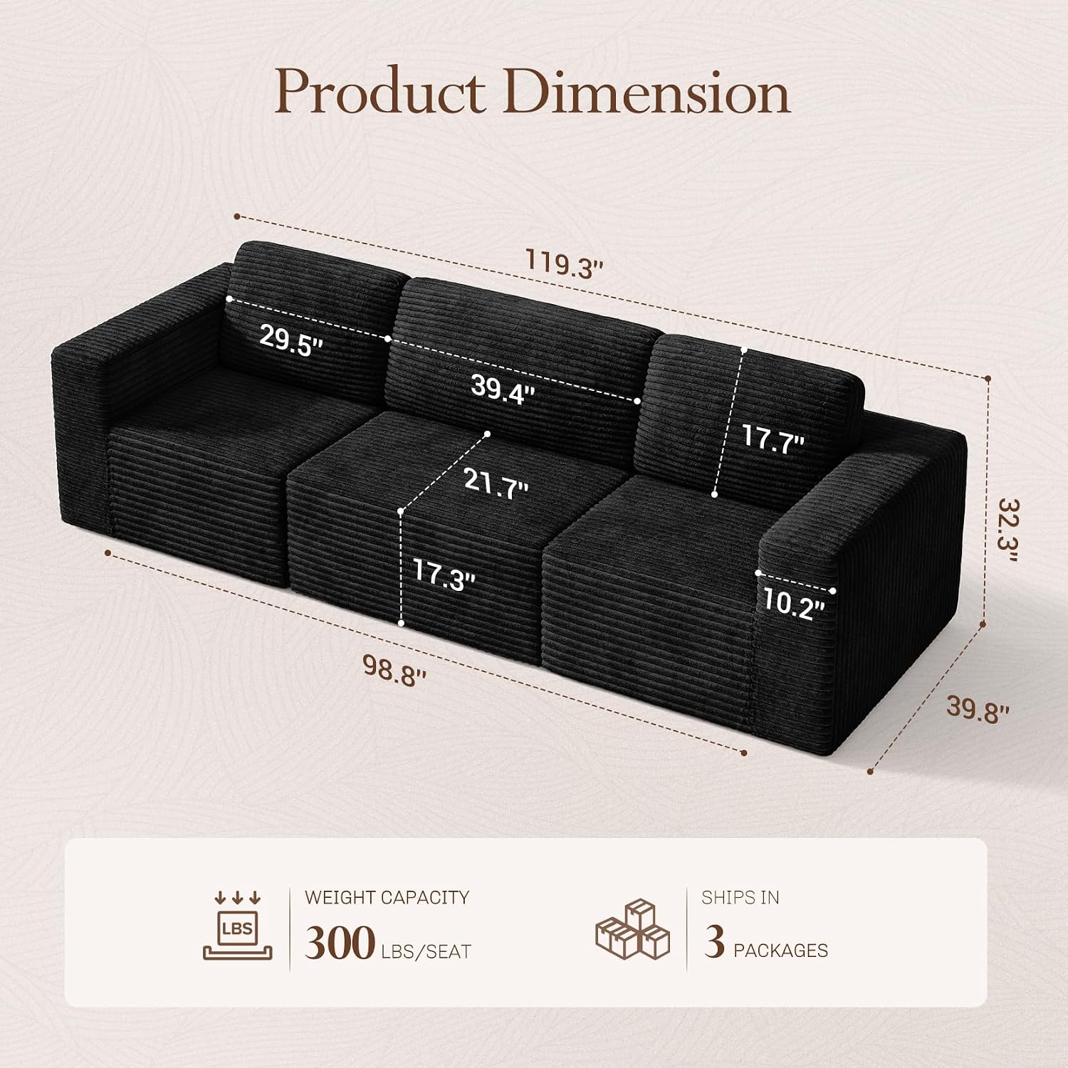 Vesgantti 119' Modular Sectional Sofa, Corduroy Cloud Couch with Deep Seating & Spring Support, 3 Seater Flexible Layout Sofa, Boneless Couch for Living Room & Apartment, No Assembly Required, Black