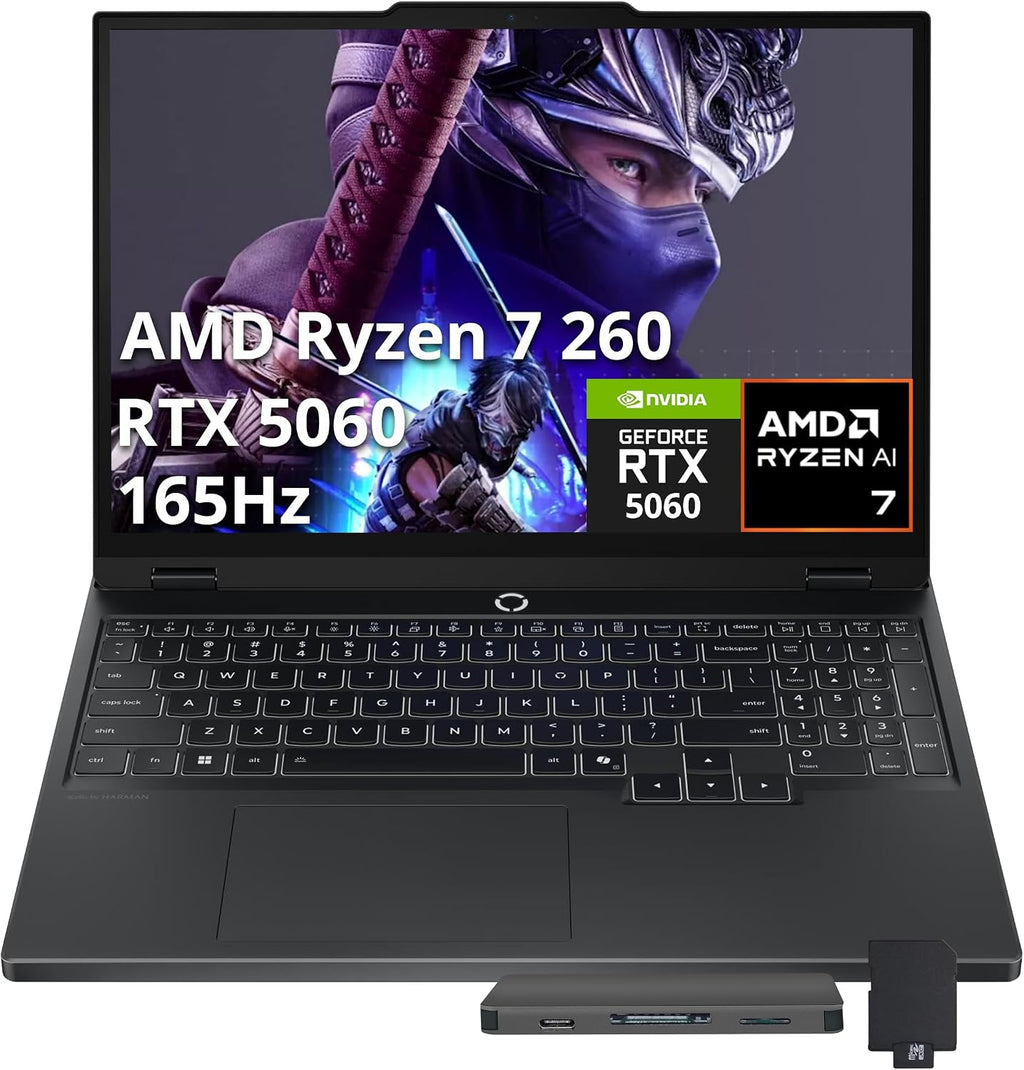 Lenovo Legion 5 15.1' WQXGA 165Hz Gaming Laptop, AMD Ryzen 7 260, NVIDIA GeForce RTX 5060 GDDR7, 16GB DDR5, 512GB SSD, 24-Zone RGB Backlit Keyboard, Wi-Fi 7, Win 11, Black, 1TB Docking Station Set